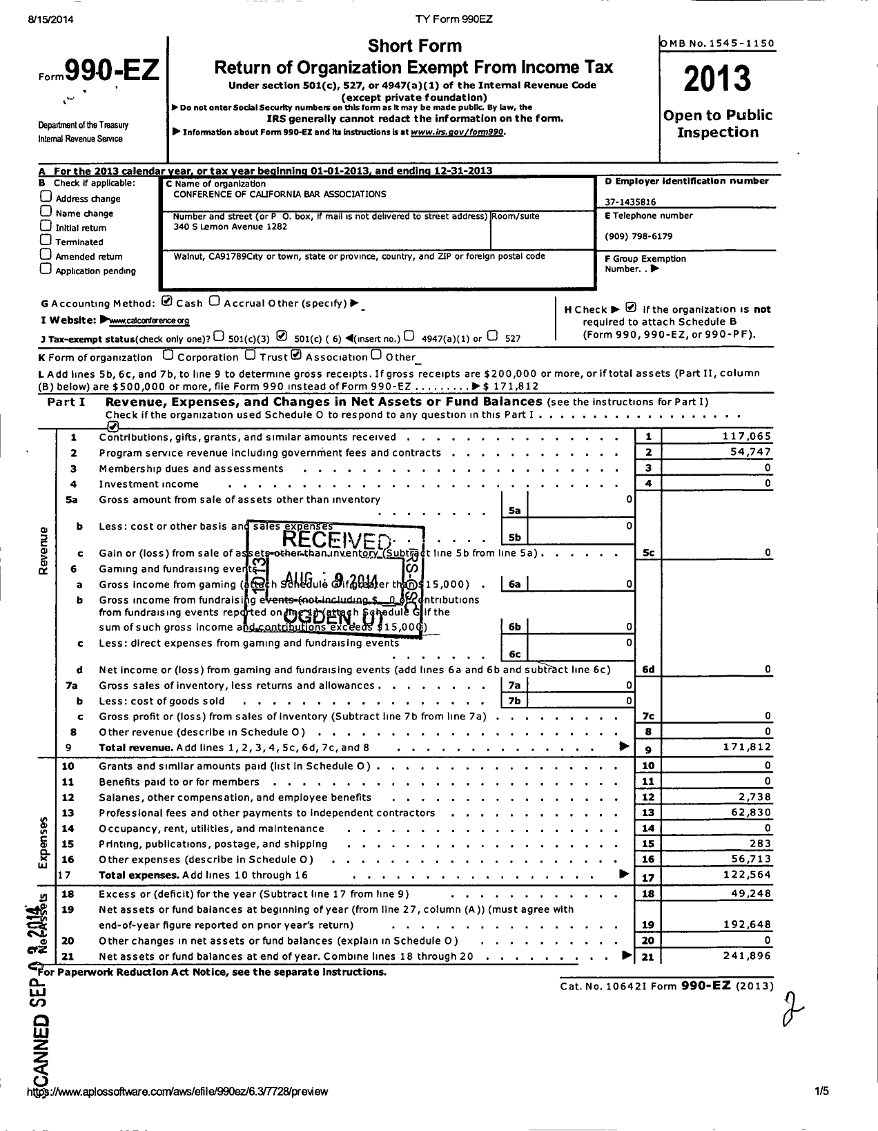 Image of first page of 2013 Form 990EO for Conference of California Bar Associations