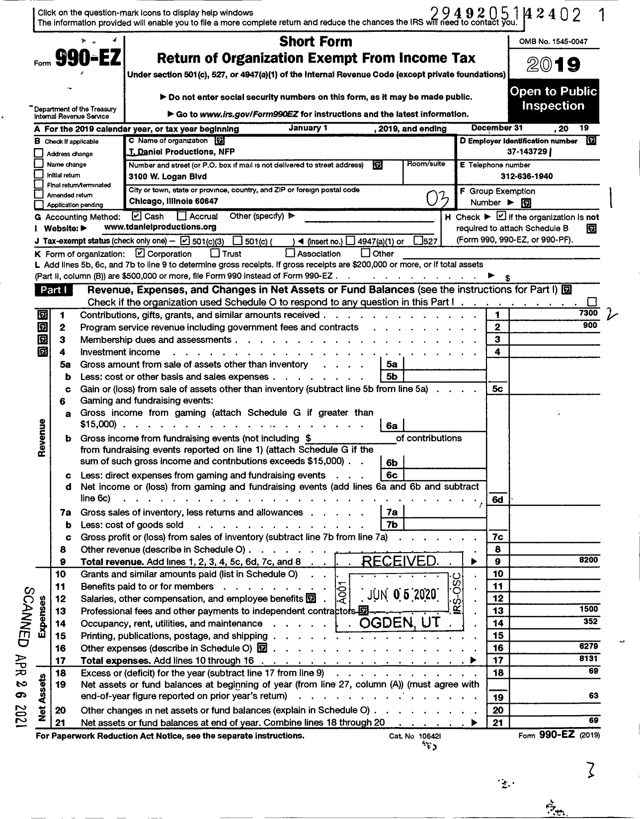 Image of first page of 2019 Form 990EZ for T Daniel Productions NFP