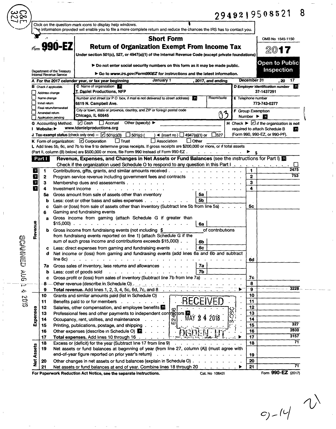 Image of first page of 2017 Form 990EZ for T Daniel Productions NFP