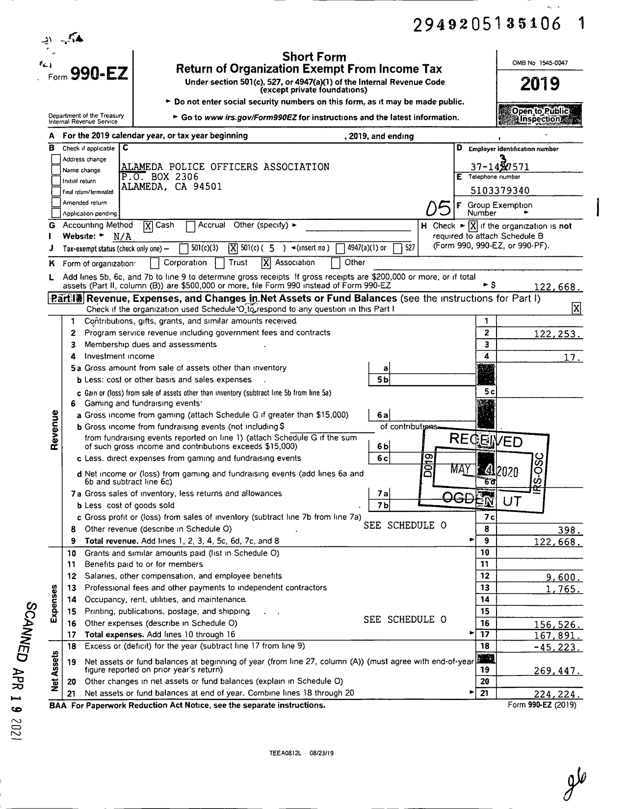 Image of first page of 2019 Form 990EO for Alameda Police Officers Association