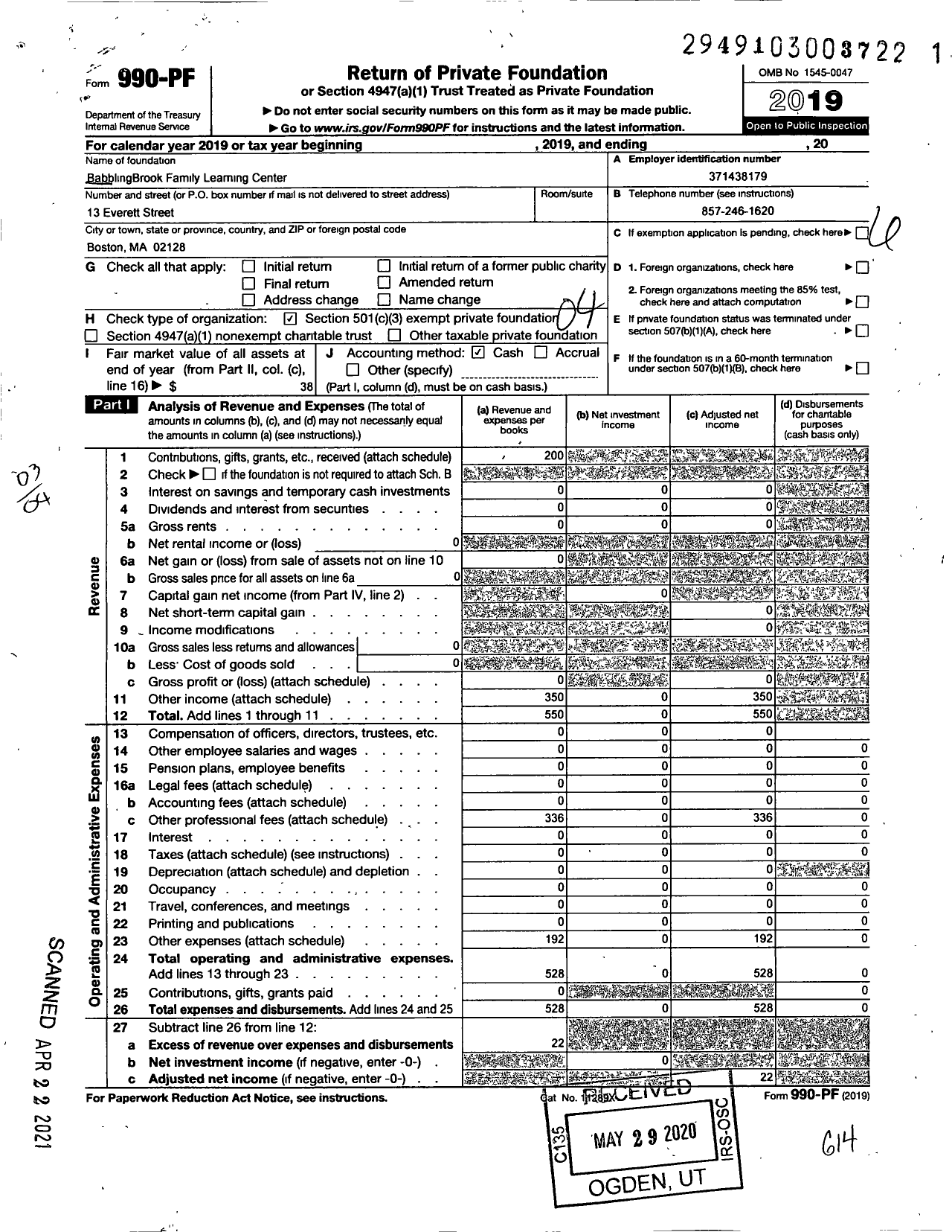 Image of first page of 2019 Form 990PF for Babblingbrook Family Learning Center