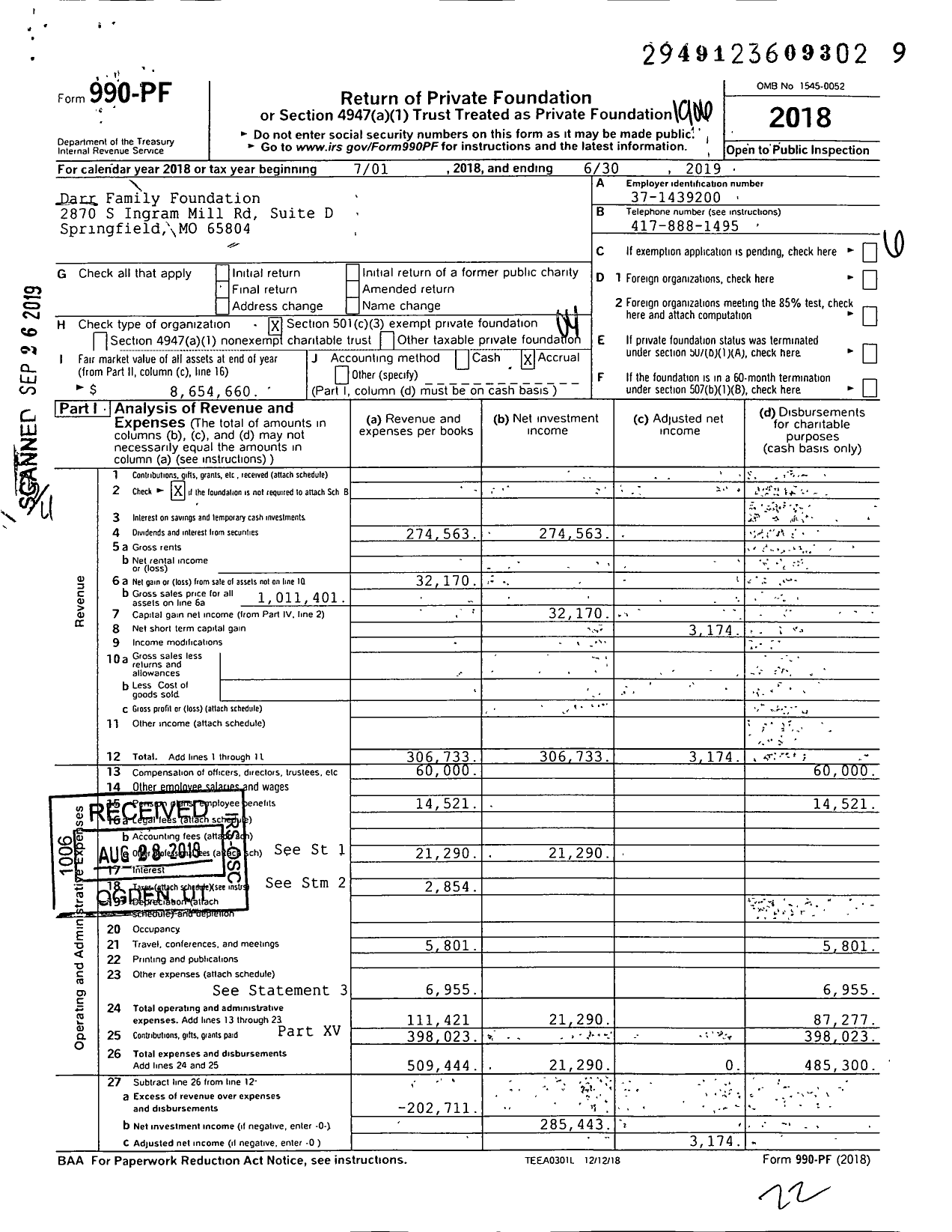 Image of first page of 2018 Form 990PF for Darr Family Foundation