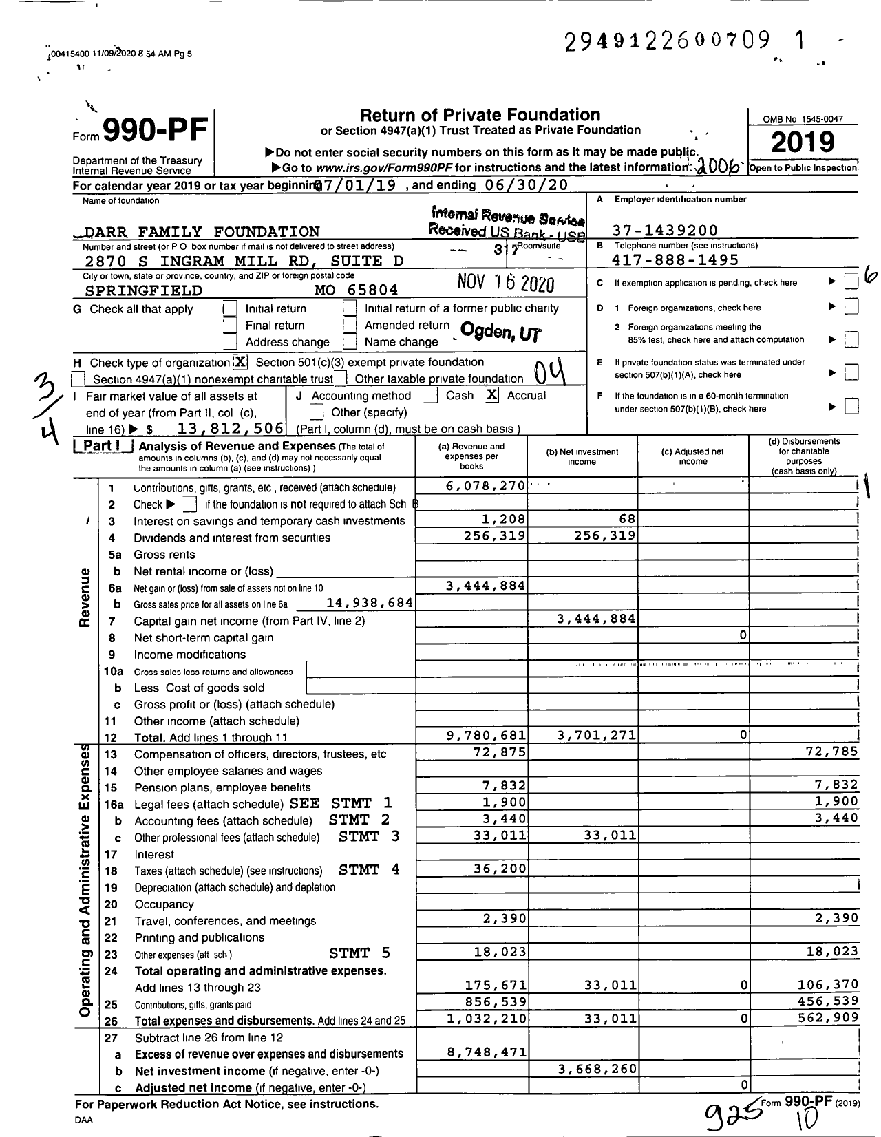Image of first page of 2019 Form 990PF for Darr Family Foundation
