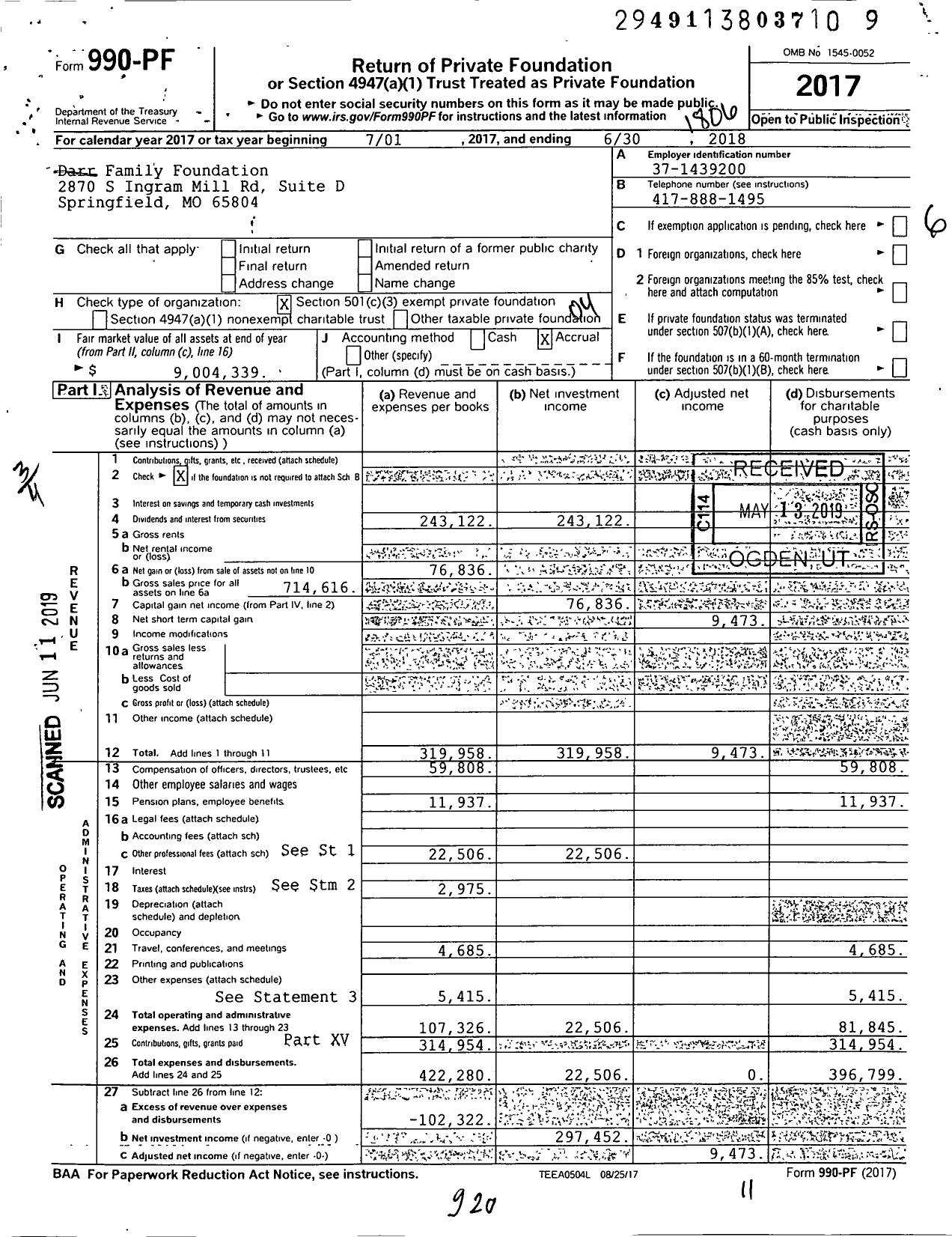 Image of first page of 2017 Form 990PF for Darr Family Foundation