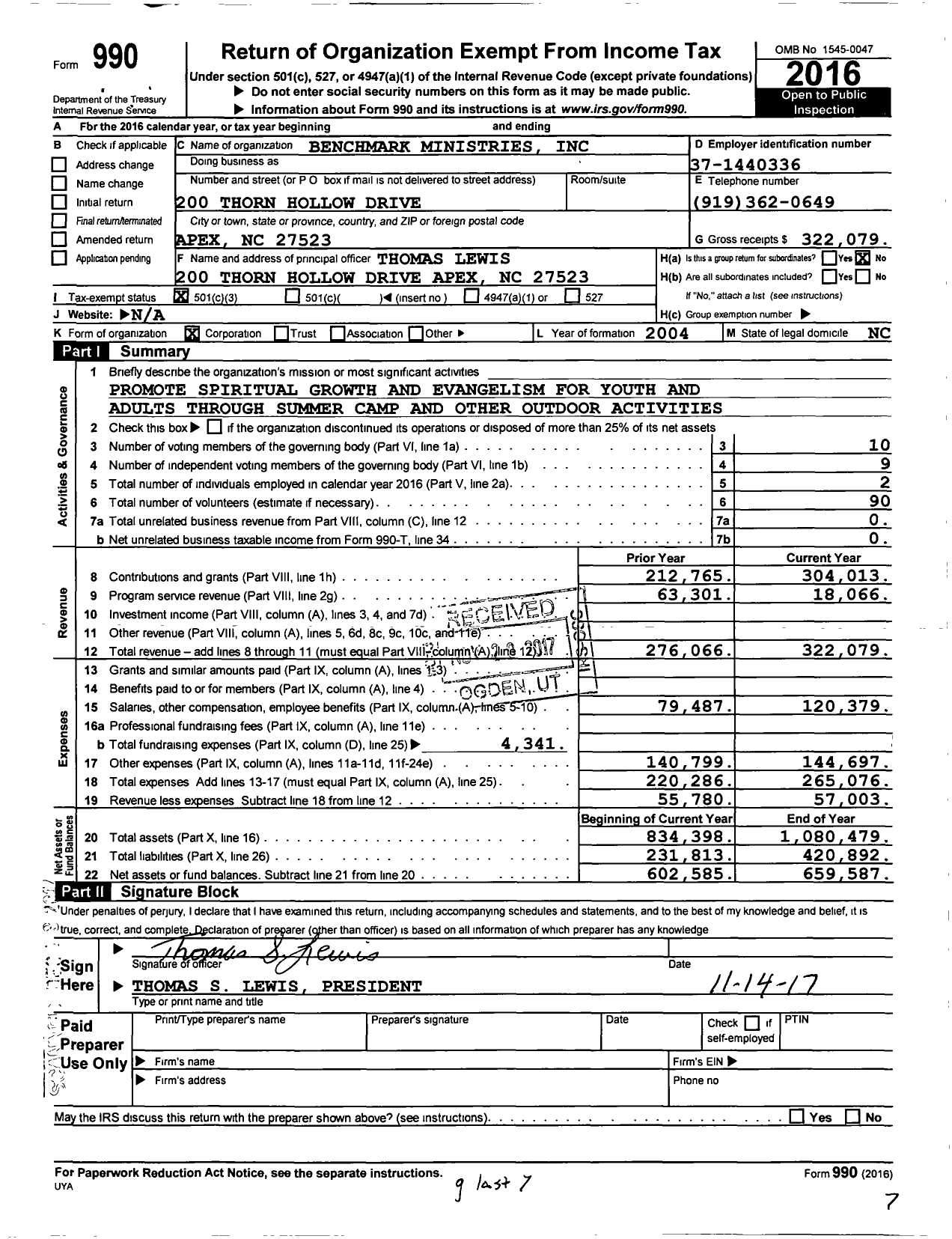 Image of first page of 2016 Form 990 for Benchmark Ministries