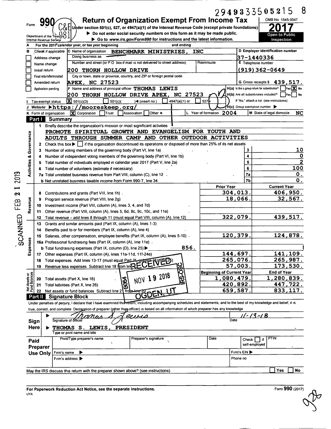 Image of first page of 2017 Form 990 for Benchmark Ministries