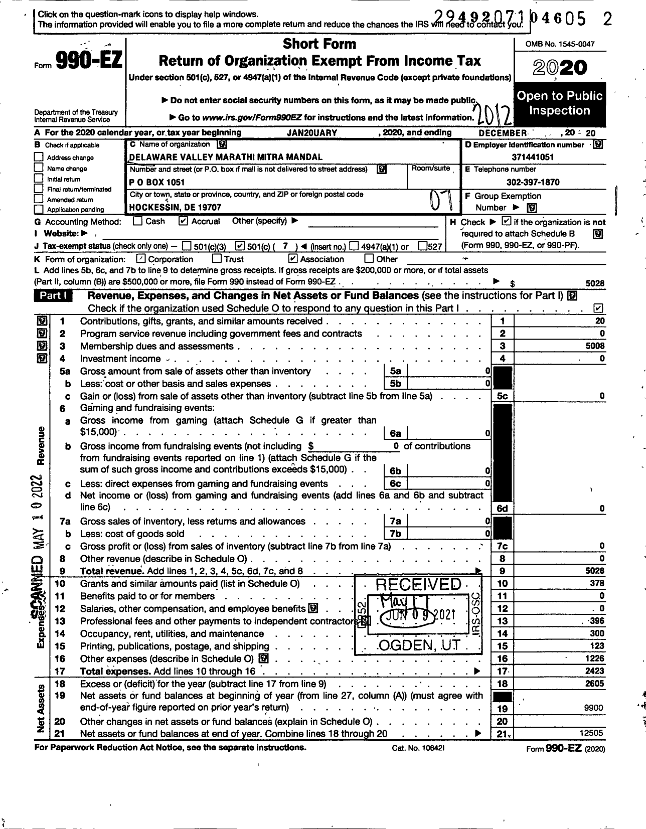 Image of first page of 2020 Form 990EO for Delaware Valley Marathi Mitra Mandal