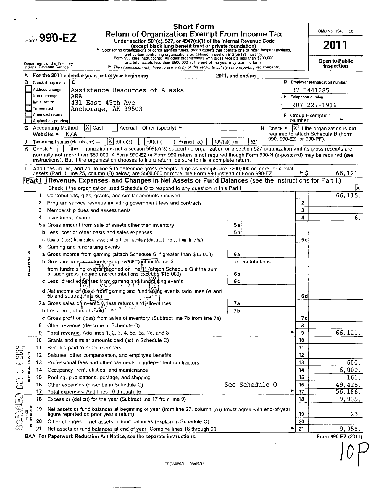 Image of first page of 2011 Form 990EZ for Assistance Resources of Alaska (ARA)