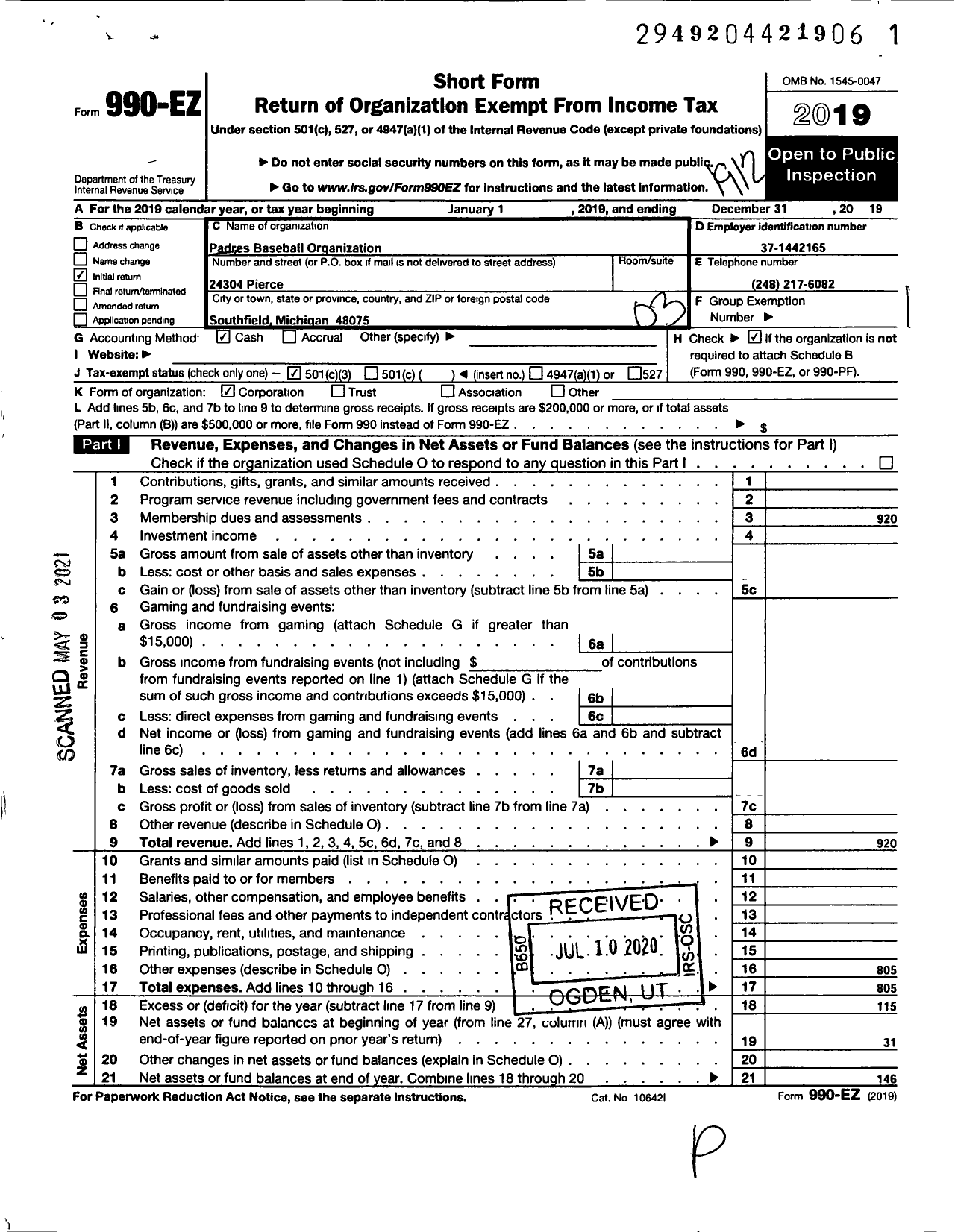 Image of first page of 2019 Form 990EZ for Padres Baseball Organization