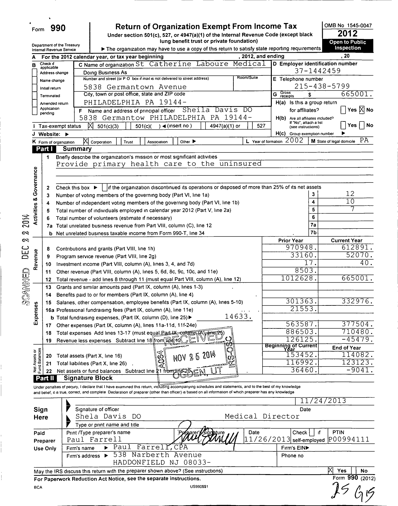 Image of first page of 2012 Form 990 for St Catherine Laboure Medical Clinic