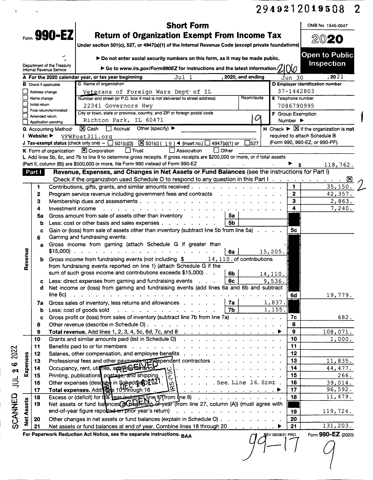 Image of first page of 2020 Form 990EO for VFW Dept of Illinois - Benjamin O Davis VFW Post 311