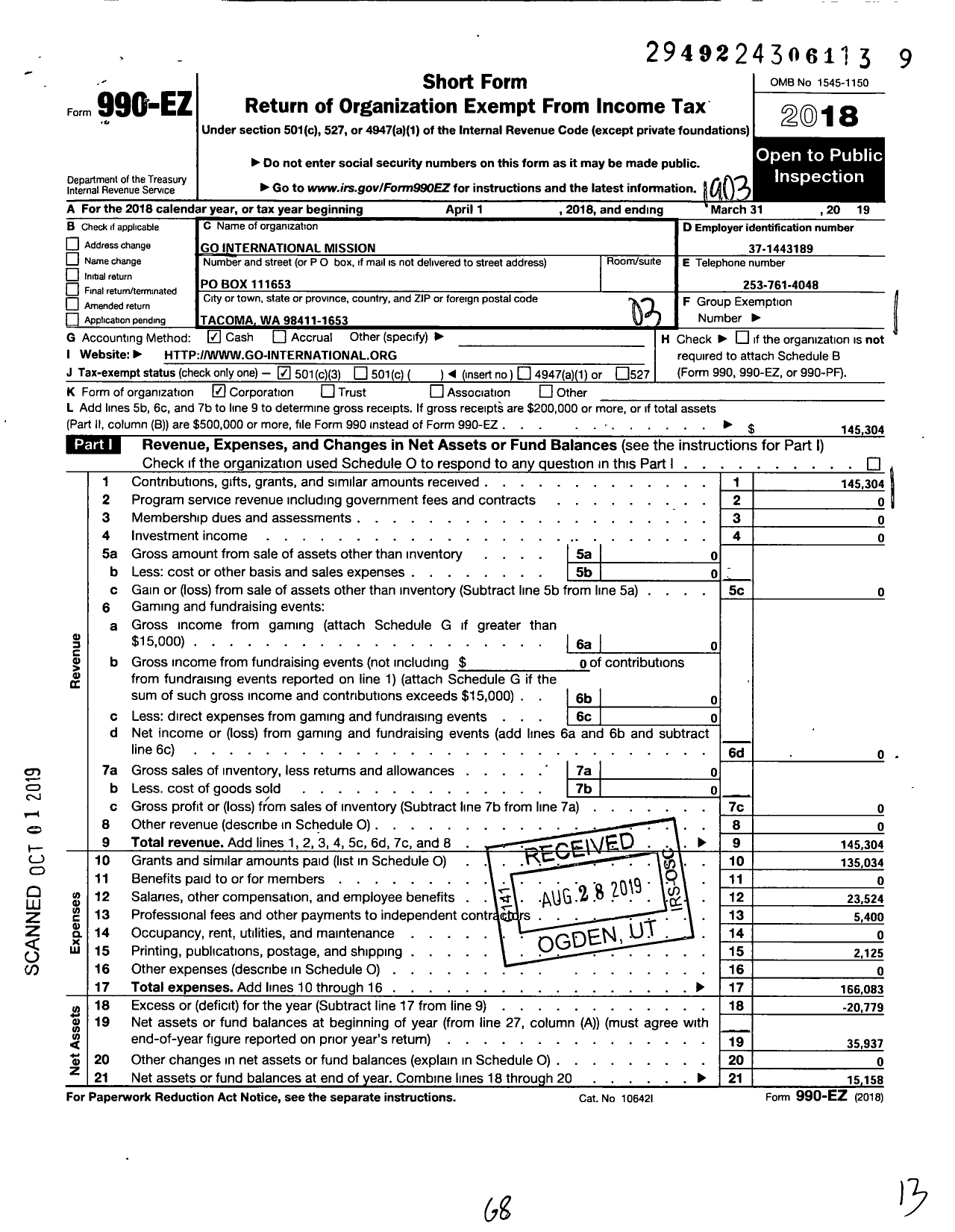 Image of first page of 2018 Form 990EZ for Go International Mission