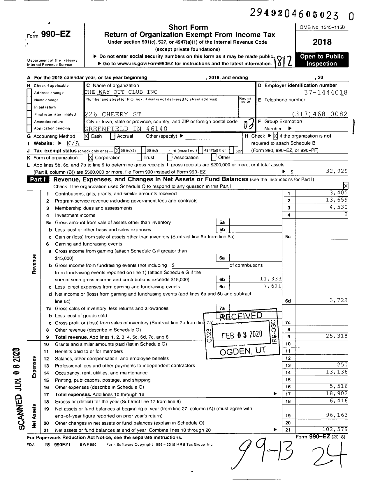 Image of first page of 2018 Form 990EZ for The Way Out Club