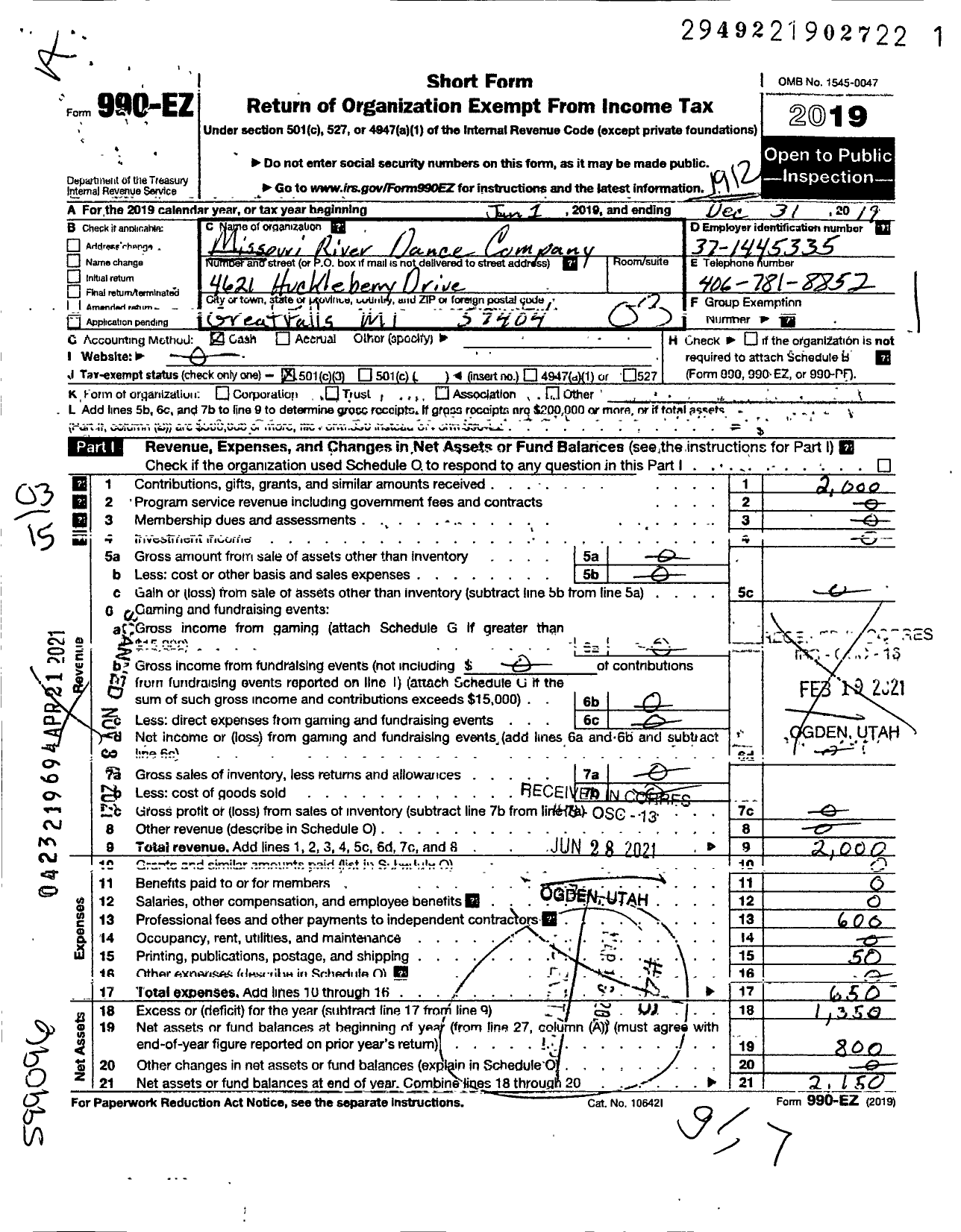 Image of first page of 2019 Form 990EZ for Missouri River Dance Company