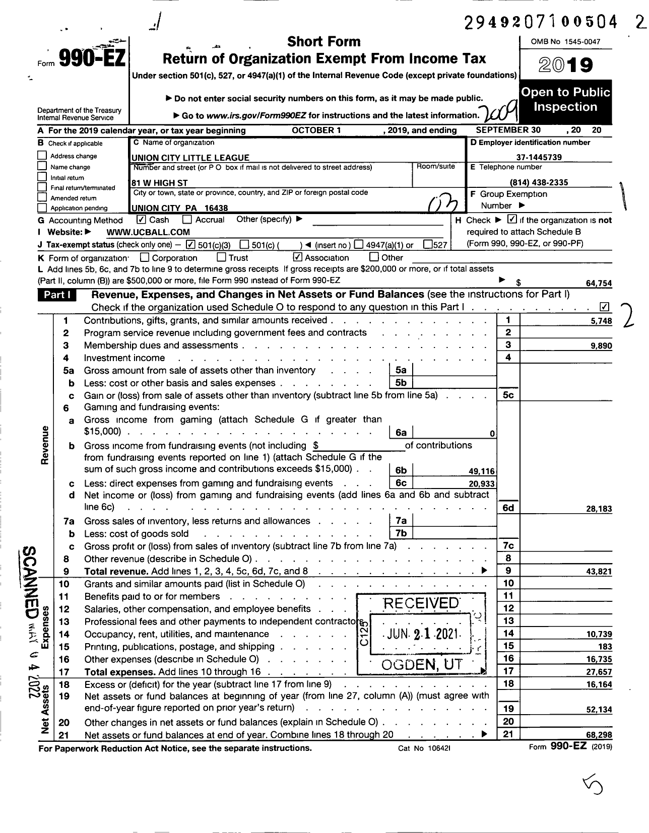 Image of first page of 2019 Form 990EZ for little league Baseball - 2380115 Union City LL