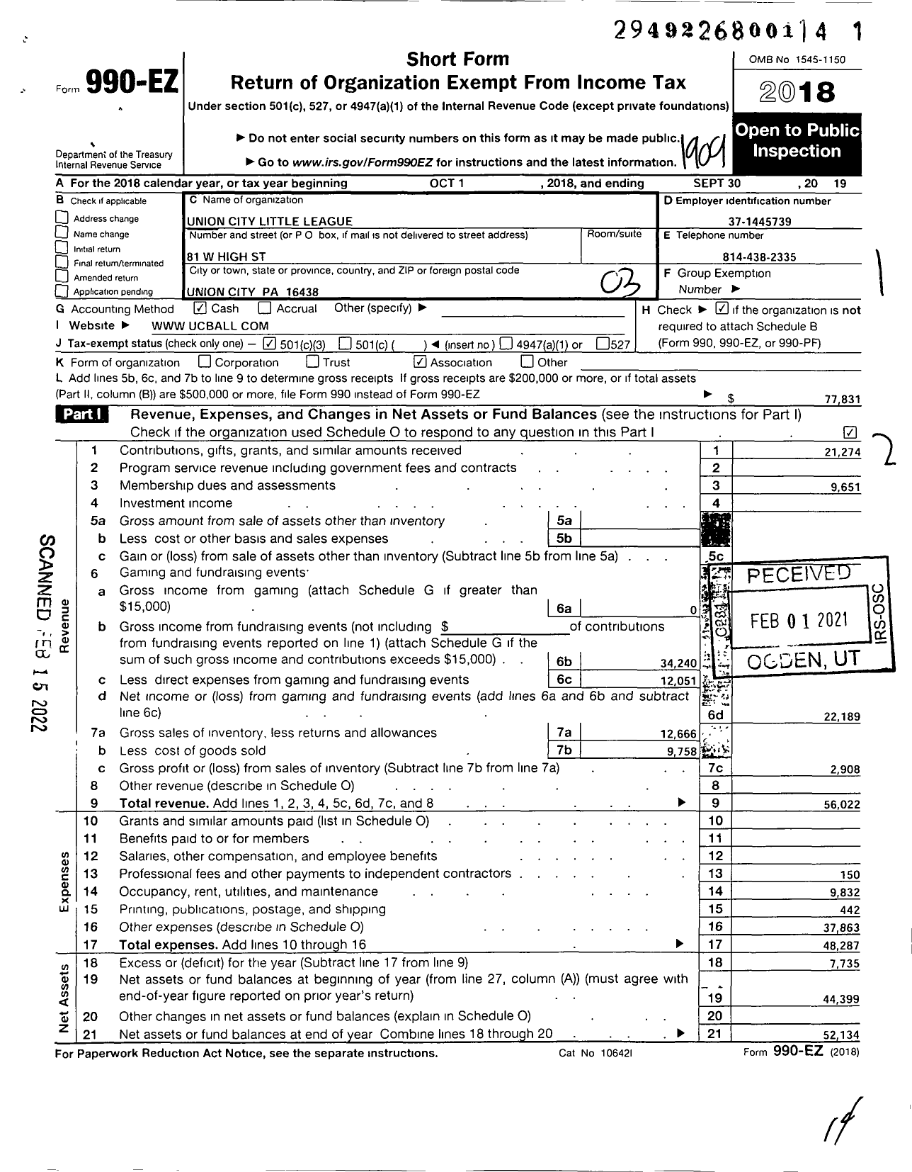 Image of first page of 2018 Form 990EZ for little league Baseball - 2380115 Union City LL