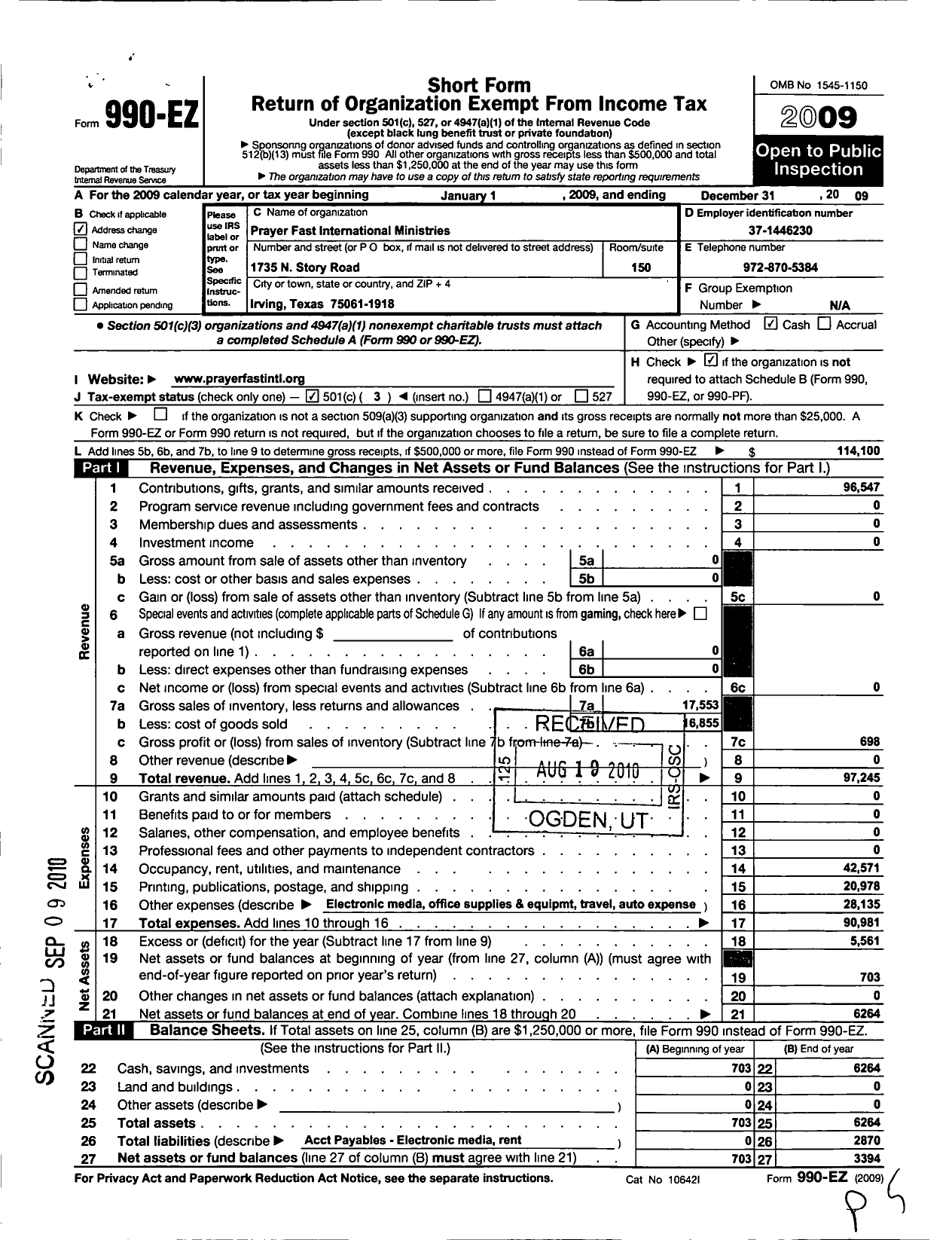 Image of first page of 2009 Form 990EZ for Prayer Fast Yeshiva International