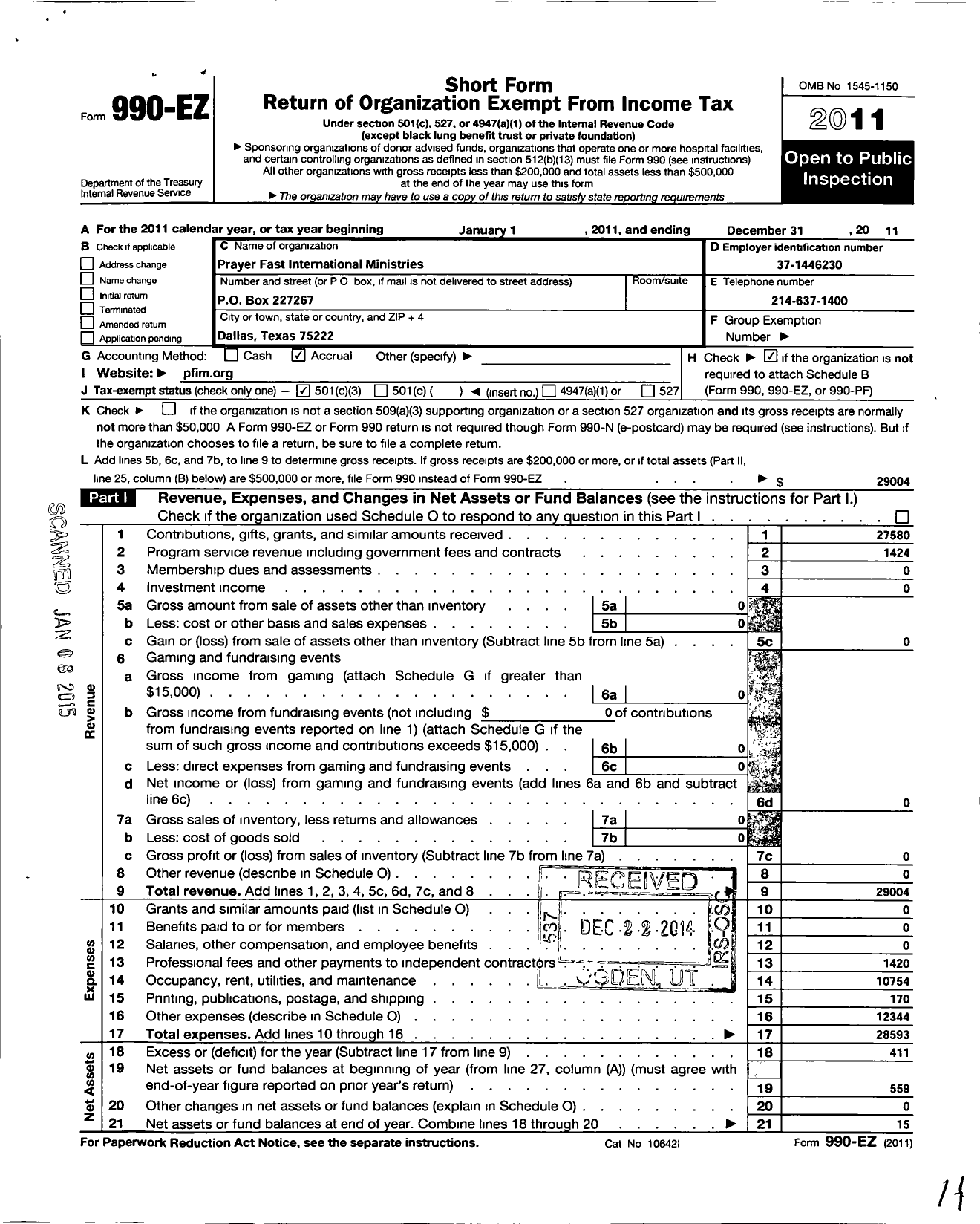 Image of first page of 2011 Form 990EZ for Prayer Fast Yeshiva International