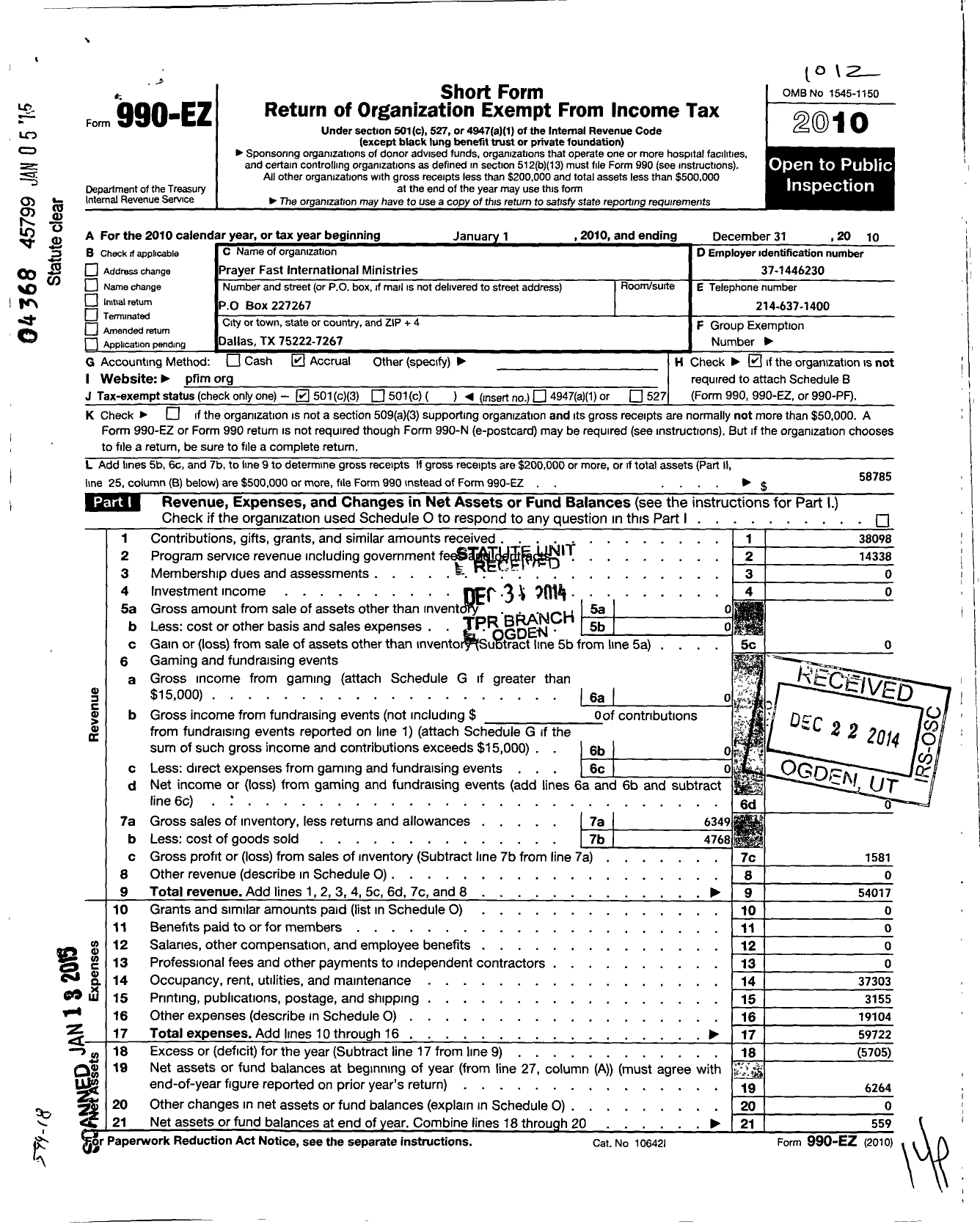 Image of first page of 2010 Form 990EZ for Prayer Fast Yeshiva International