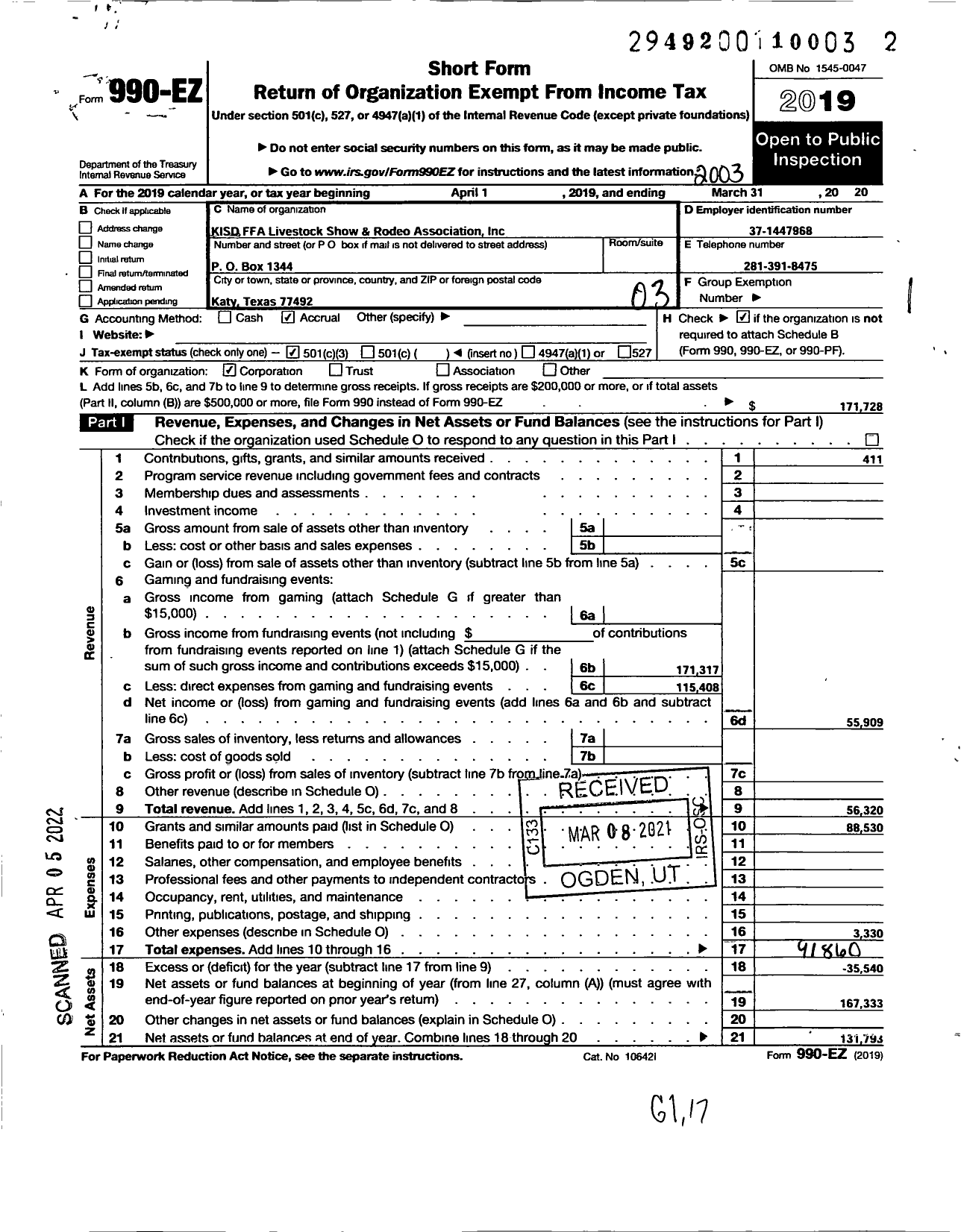 Image of first page of 2019 Form 990EZ for Katy FFA Livestock Show and Rodeo Association