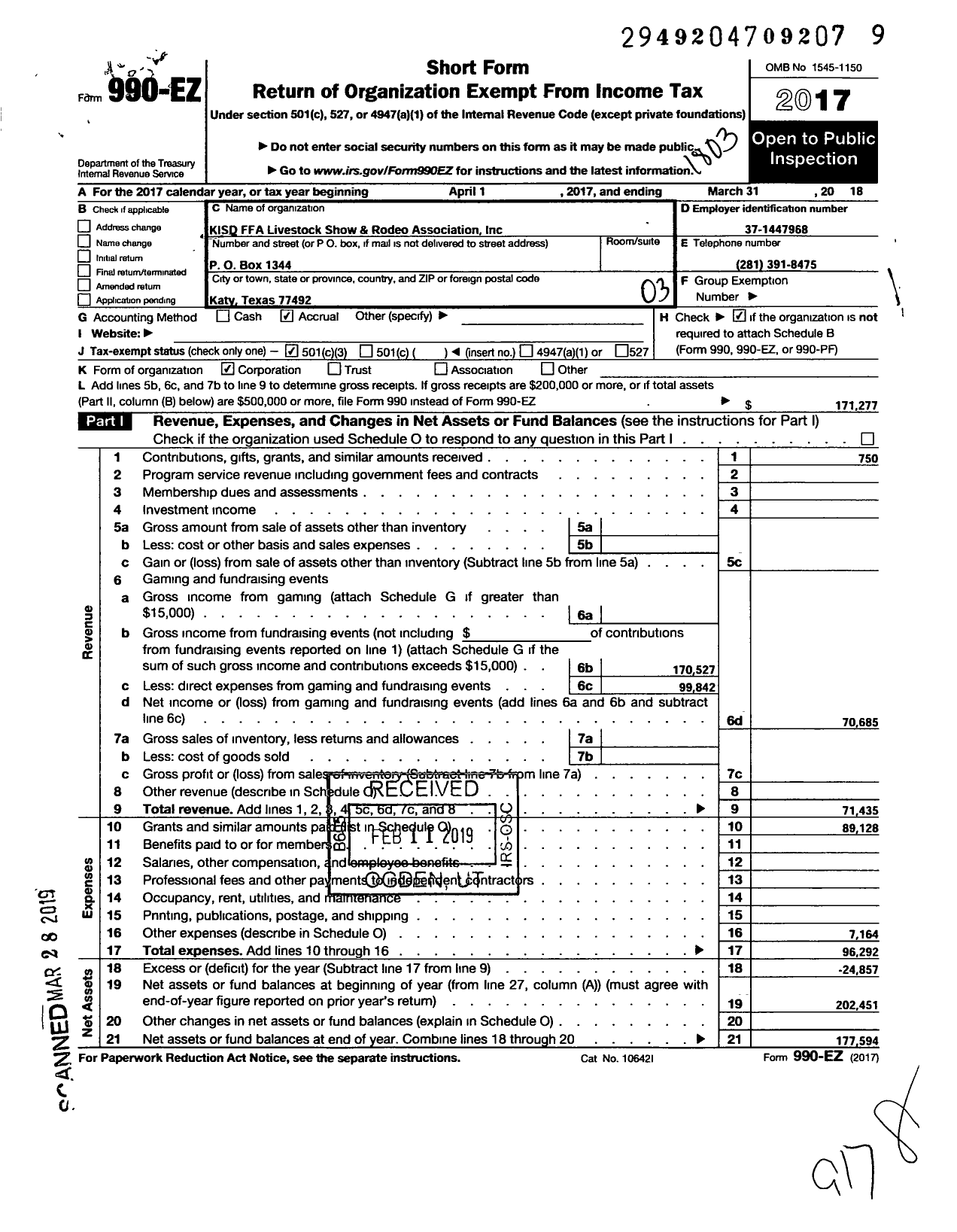 Image of first page of 2017 Form 990EZ for Katy FFA Livestock Show and Rodeo Association