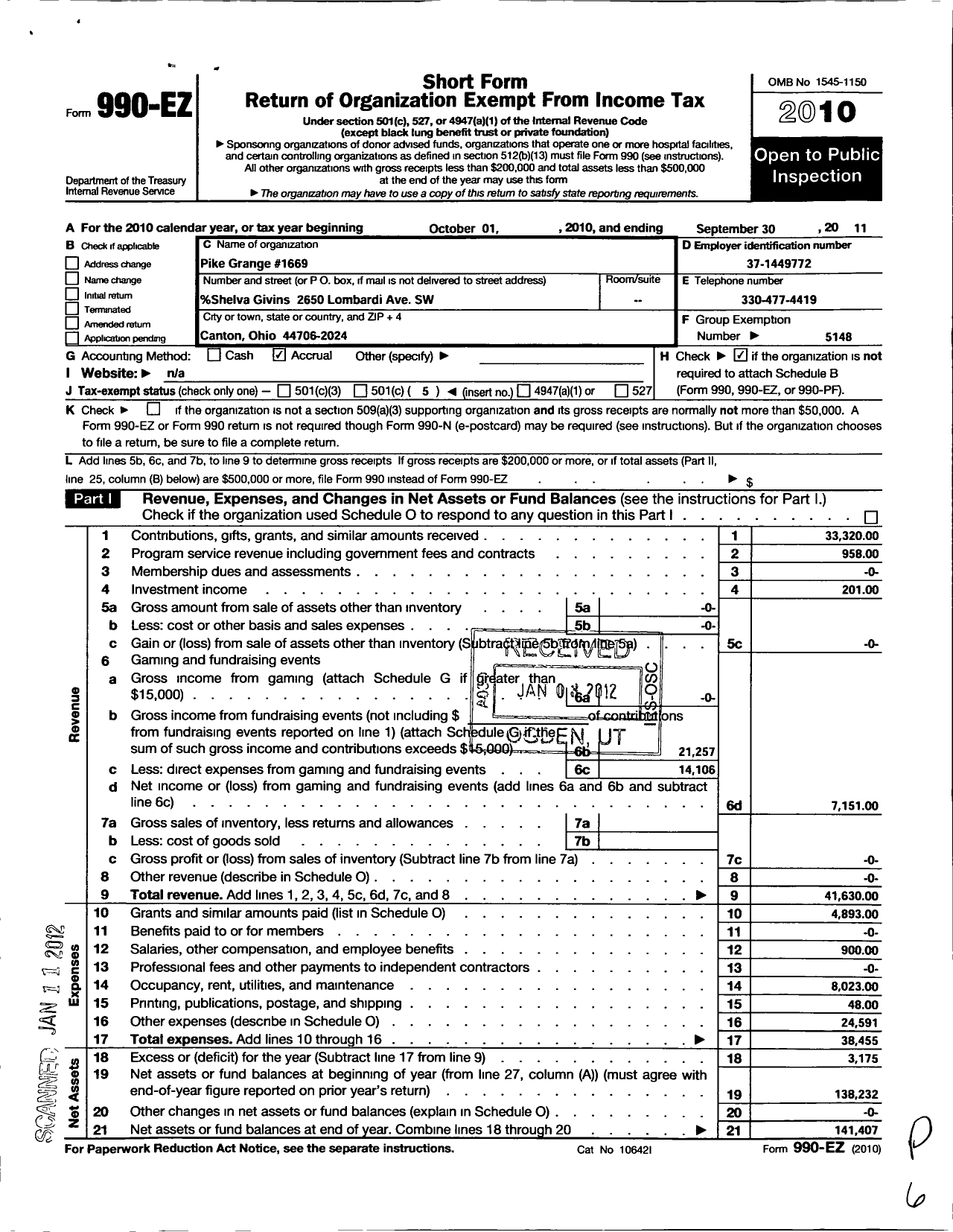 Image of first page of 2010 Form 990EO for Ohio State Grange of Patrons of Husbandry - 1669 Pike