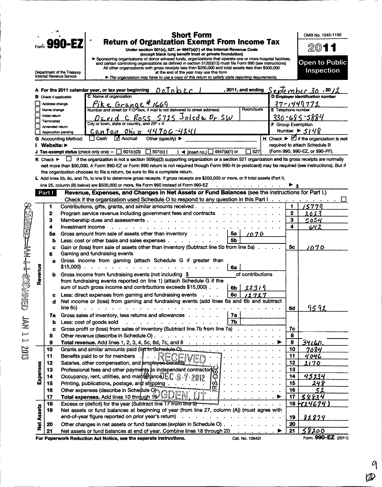 Image of first page of 2011 Form 990EO for Ohio State Grange of Patrons of Husbandry - 1669 Pike