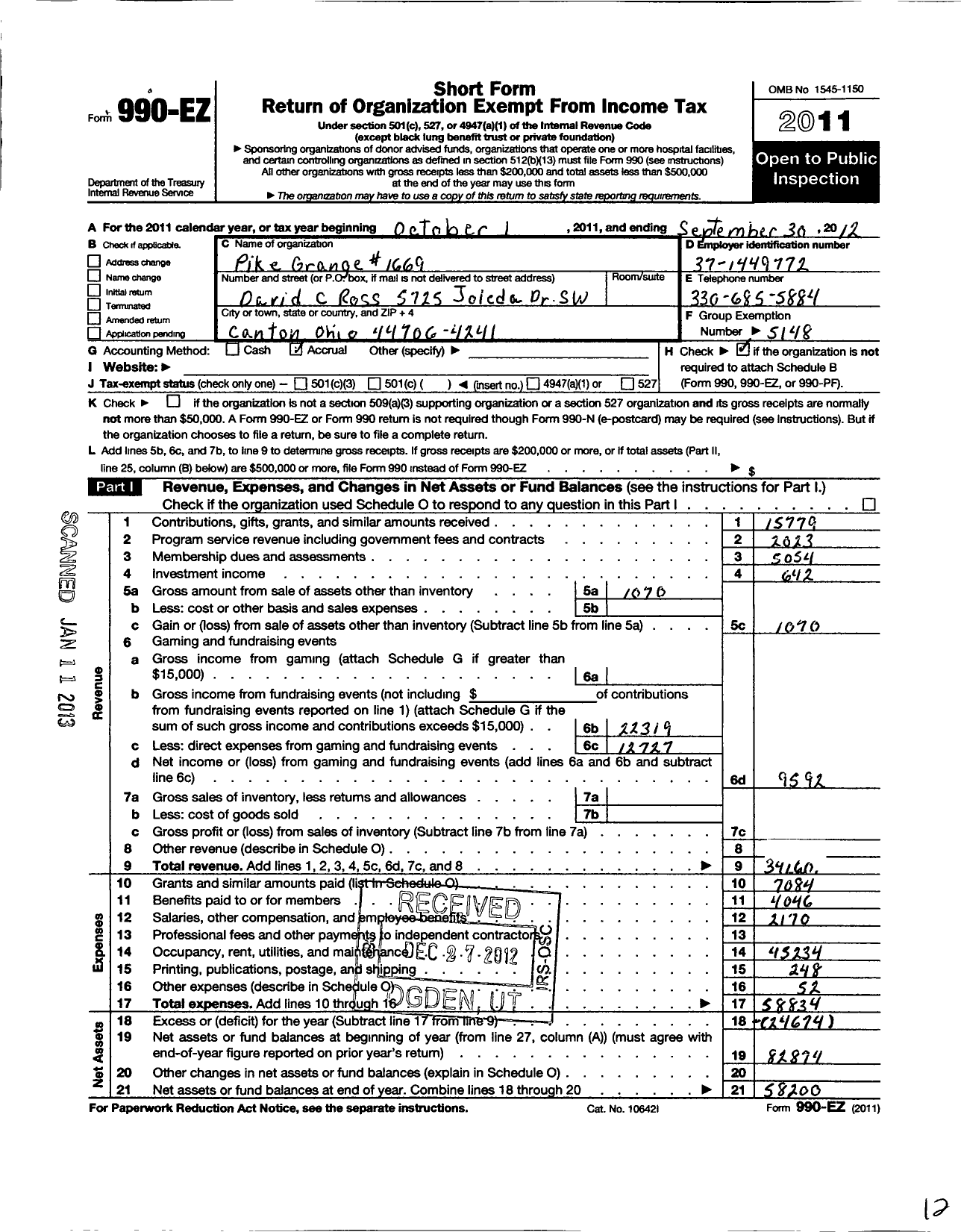 Image of first page of 2011 Form 990EO for Ohio State Grange of Patrons of Husbandry - 1669 Pike