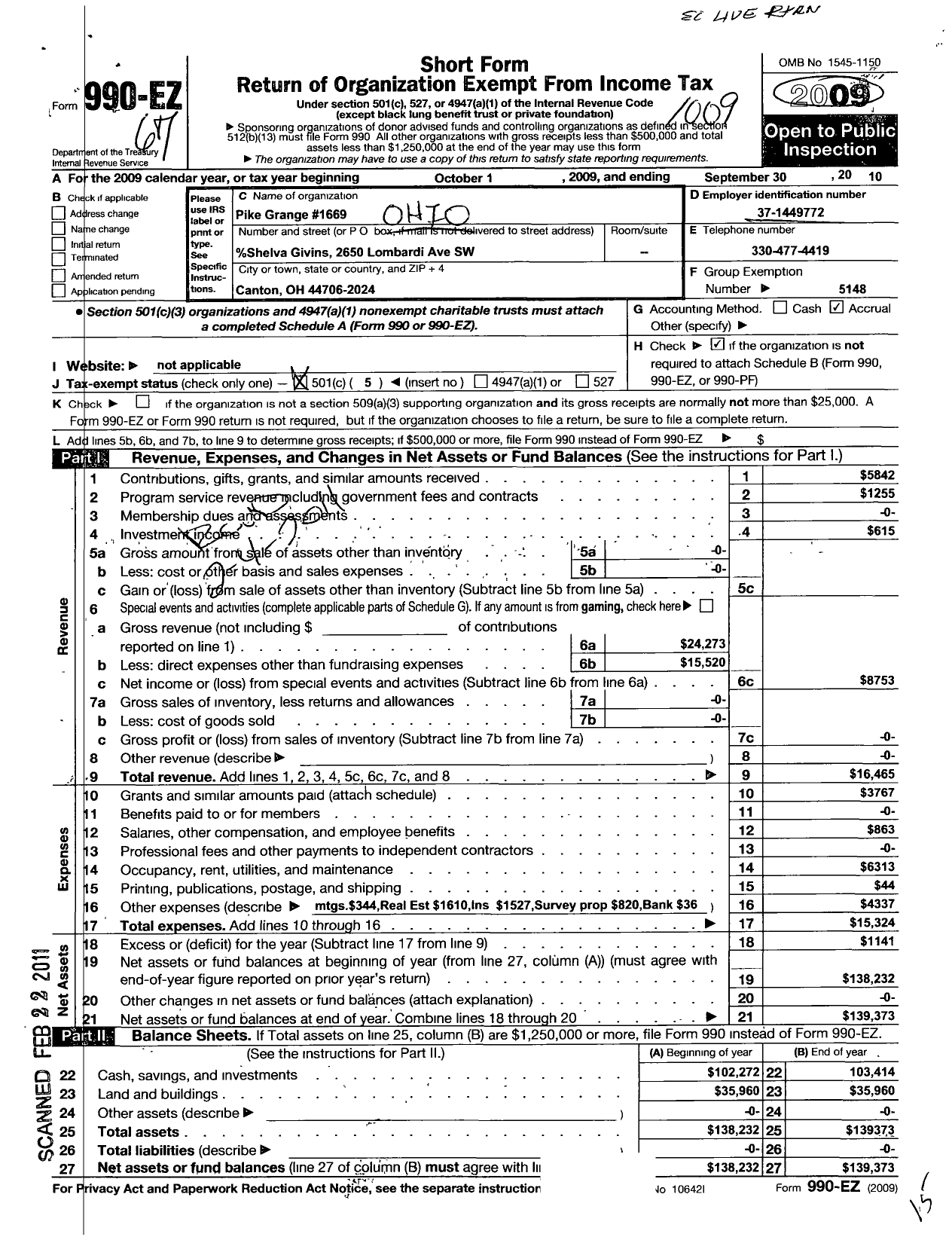 Image of first page of 2009 Form 990EO for Ohio State Grange of Patrons of Husbandry - 1669 Pike