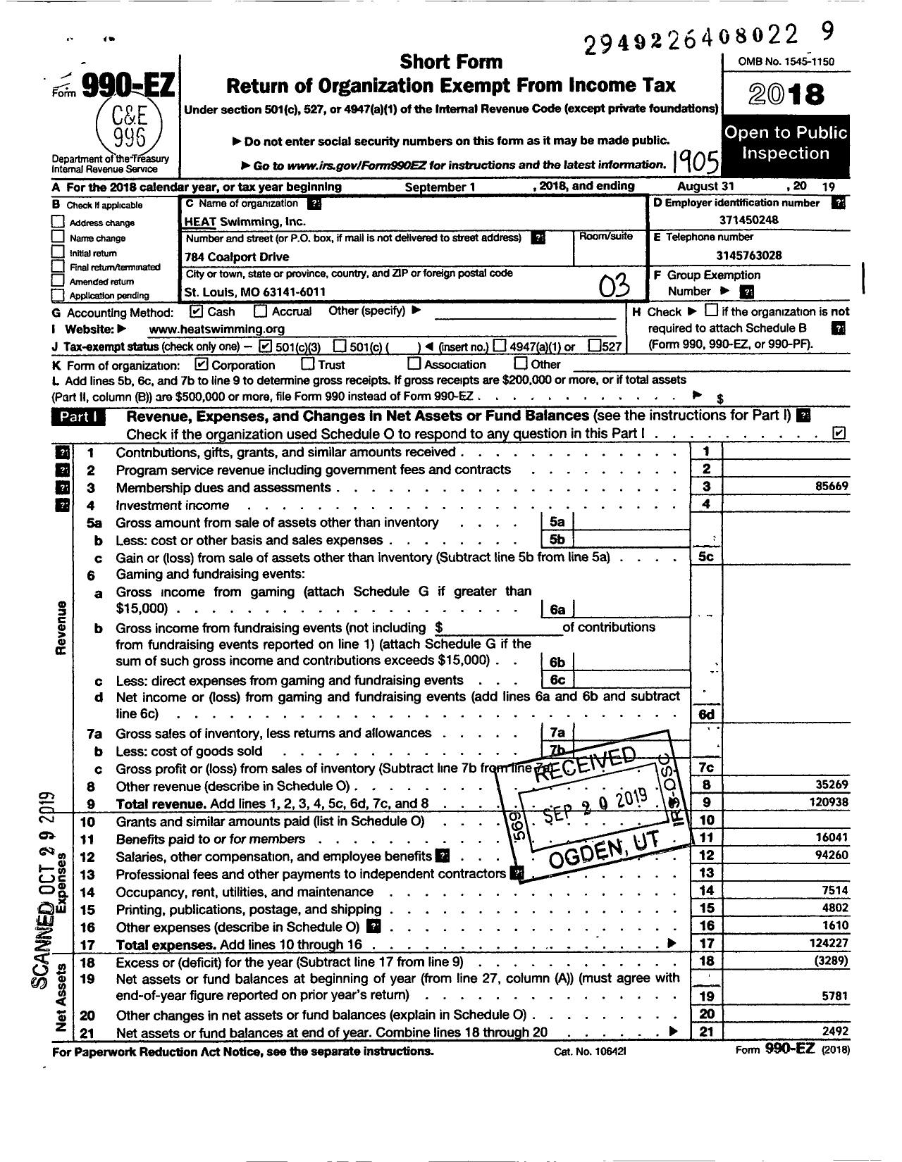 Image of first page of 2018 Form 990EZ for Heat Swimming