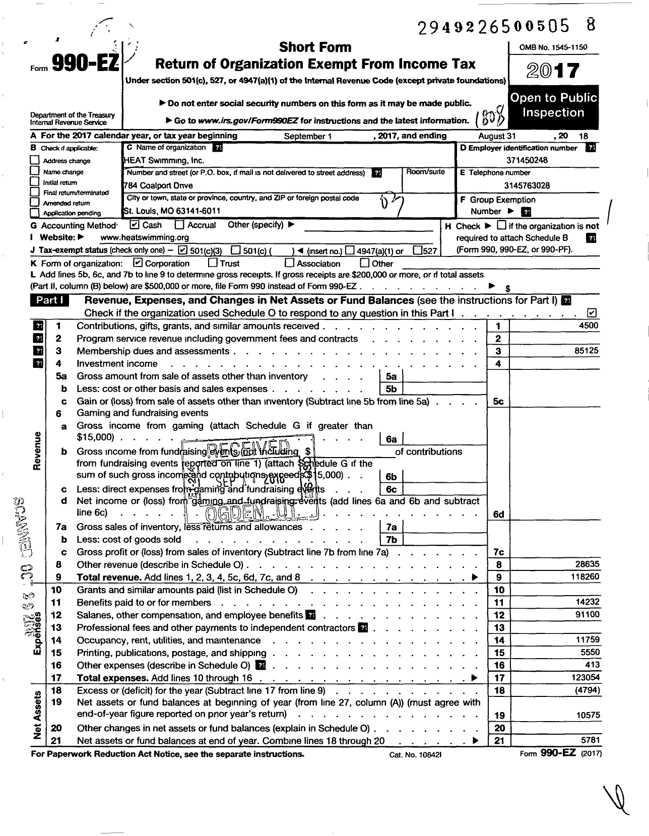 Image of first page of 2017 Form 990EZ for Heat Swimming