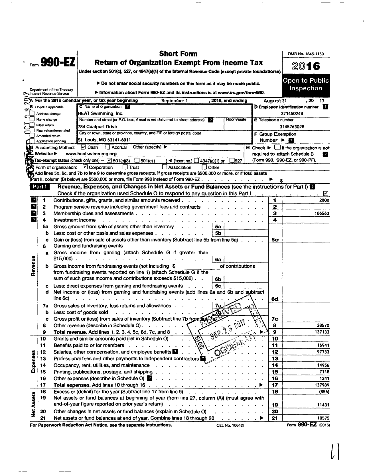 Image of first page of 2016 Form 990EZ for Heat Swimming