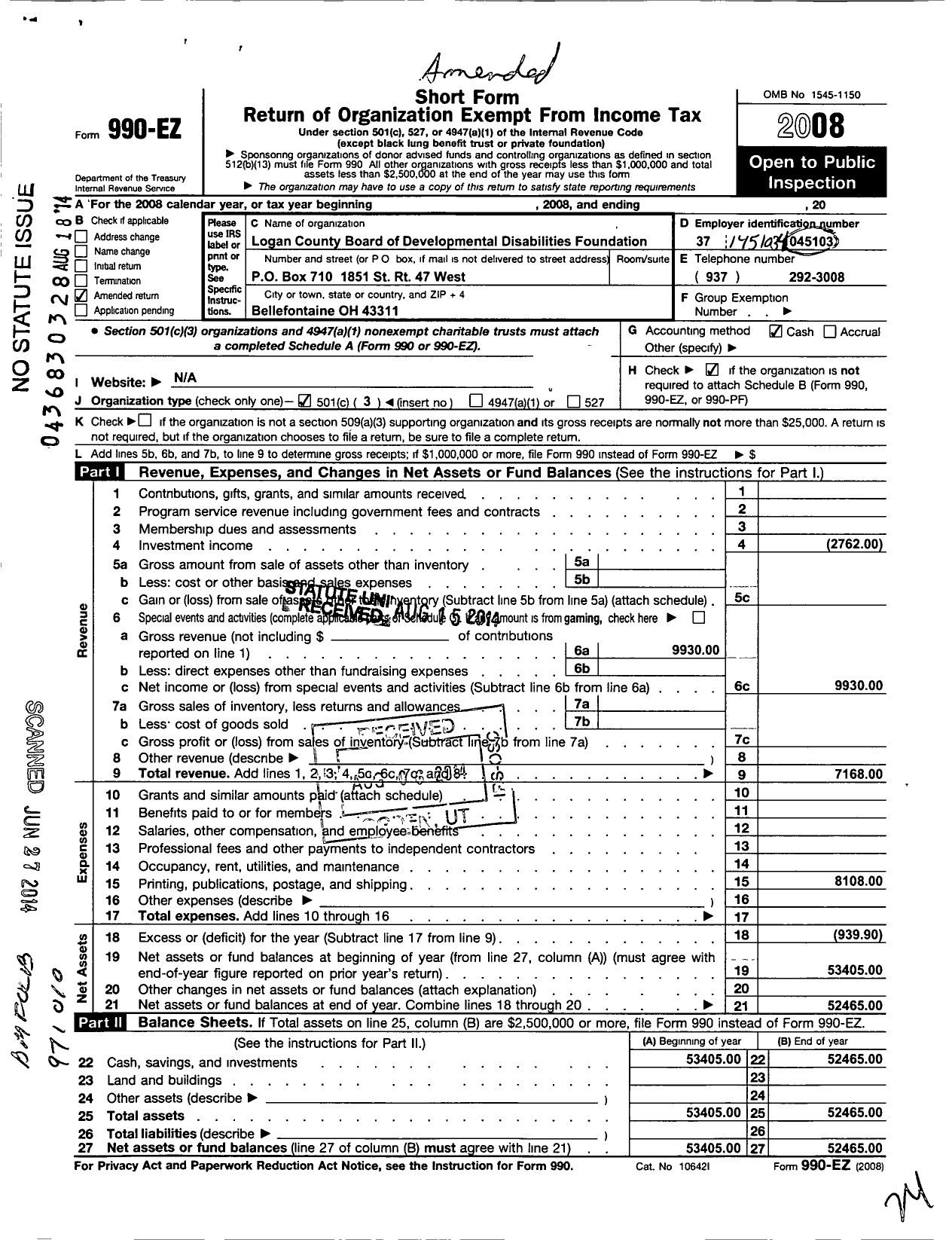 Image of first page of 2008 Form 990EZ for Logan County Developmental Disabilities Foundation