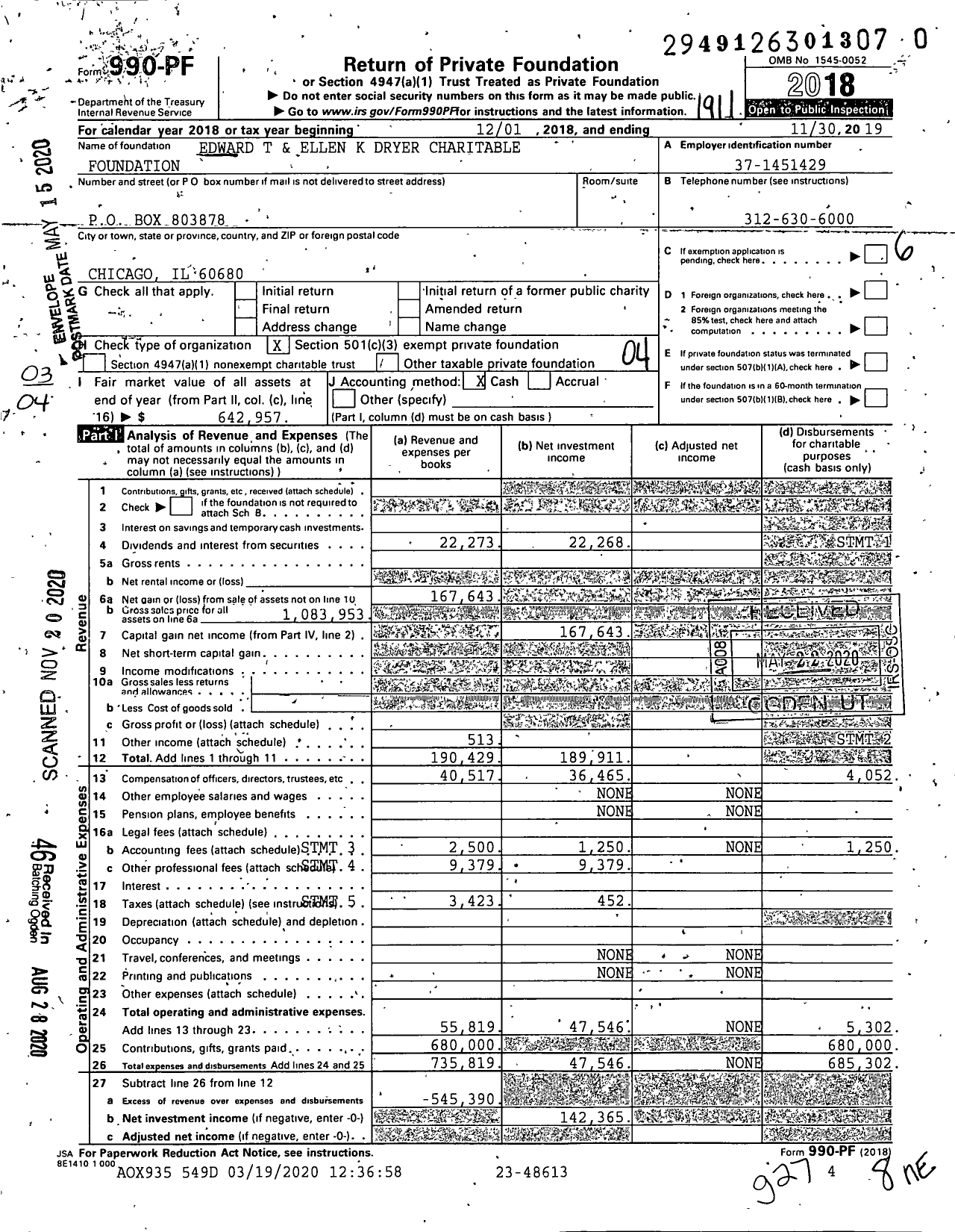 Image of first page of 2018 Form 990PF for Edward T and Ellen K Dryer Charitable