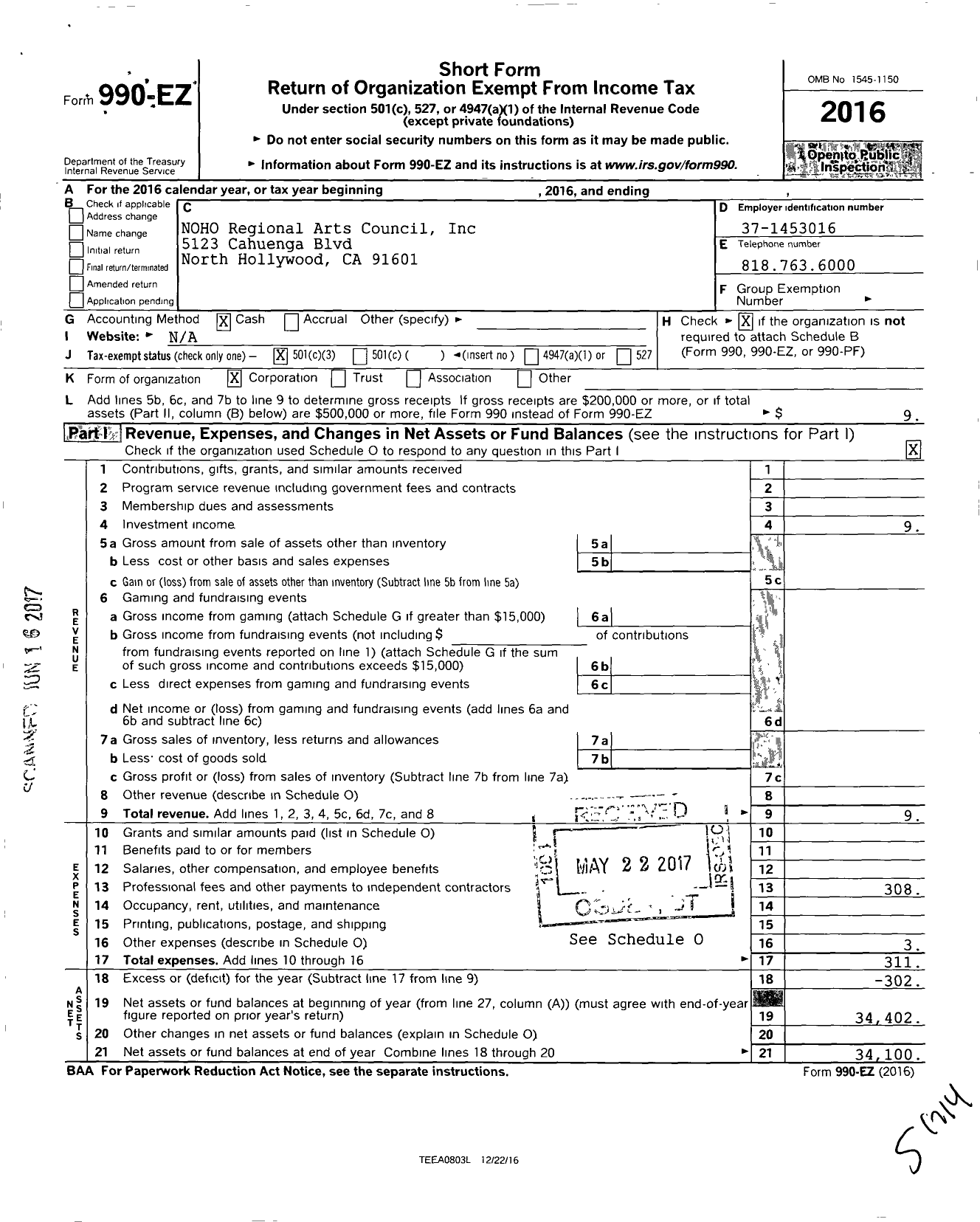 Image of first page of 2016 Form 990EZ for Noho Regional Arts Council