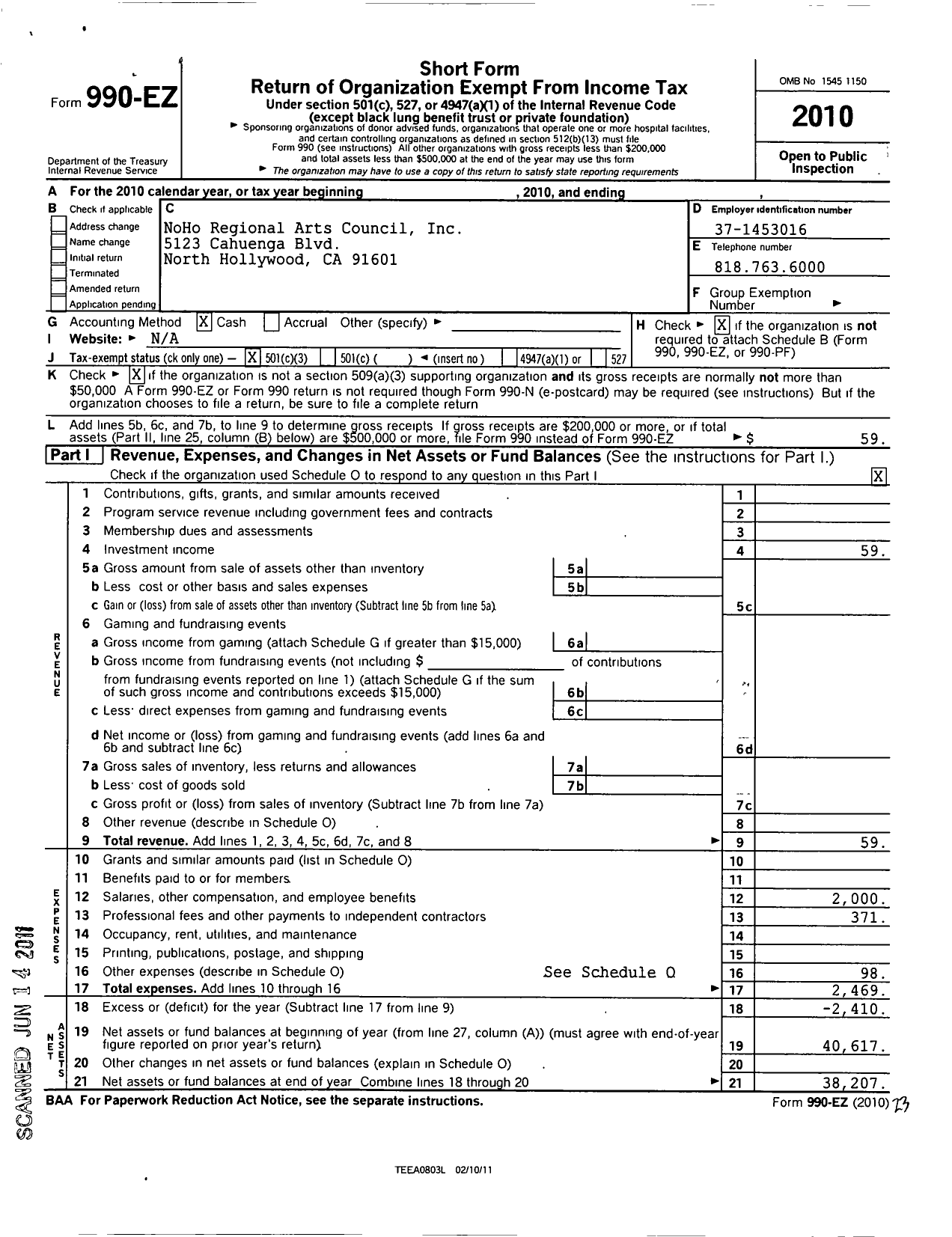 Image of first page of 2010 Form 990EZ for Noho Regional Arts Council