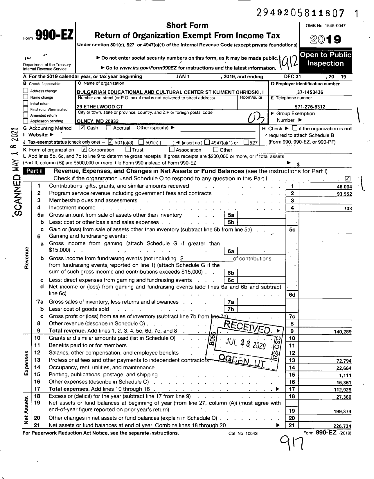 Image of first page of 2019 Form 990EZ for Bulgarian Educational and Cultural Center St Kliment Ohridski