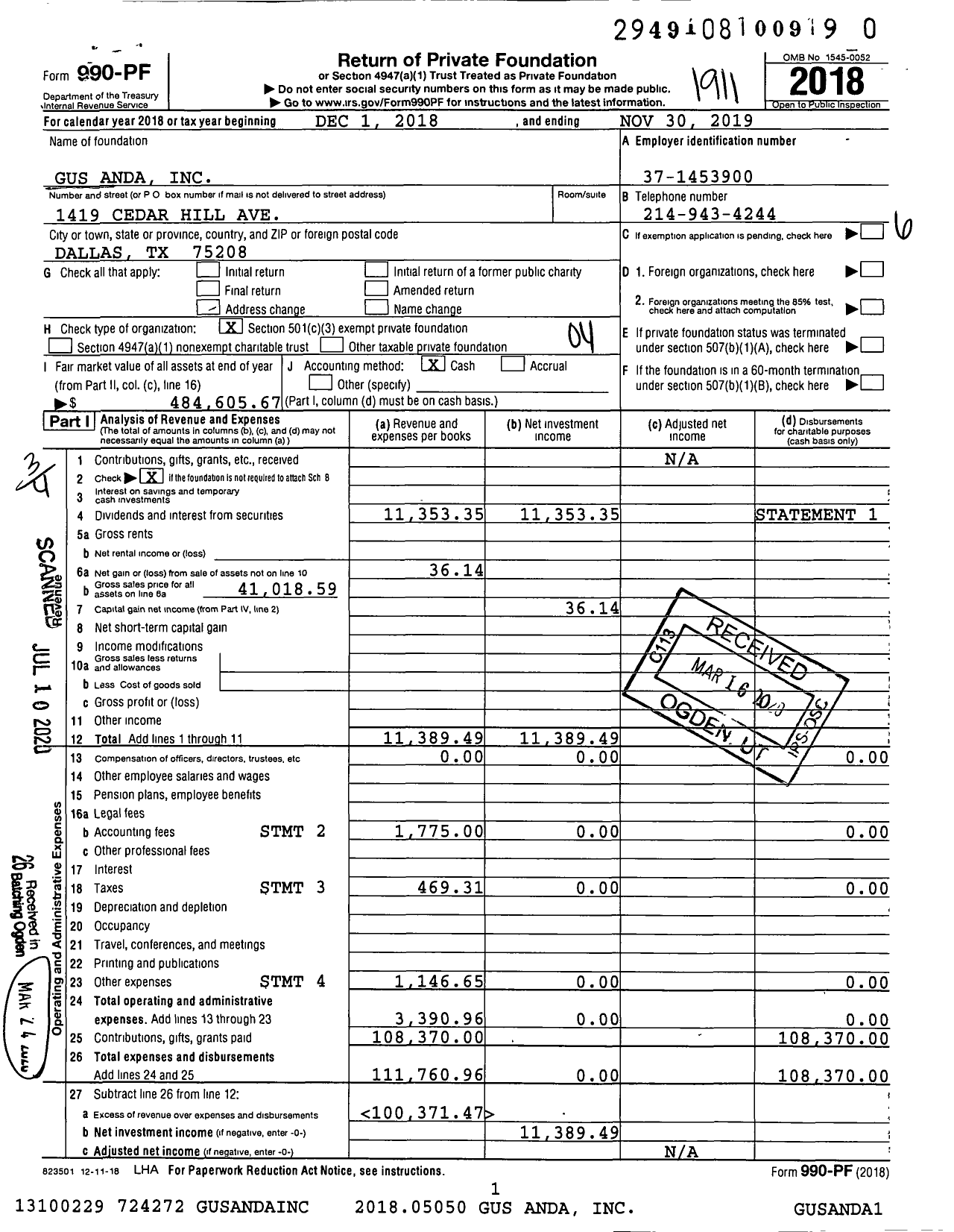 Image of first page of 2018 Form 990PR for Gus Anda