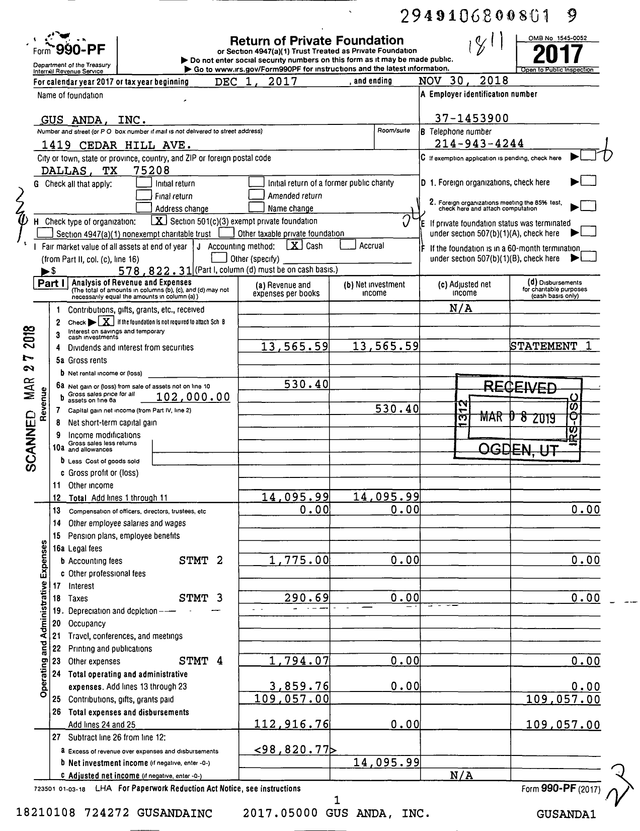 Image of first page of 2017 Form 990PF for Gus Anda