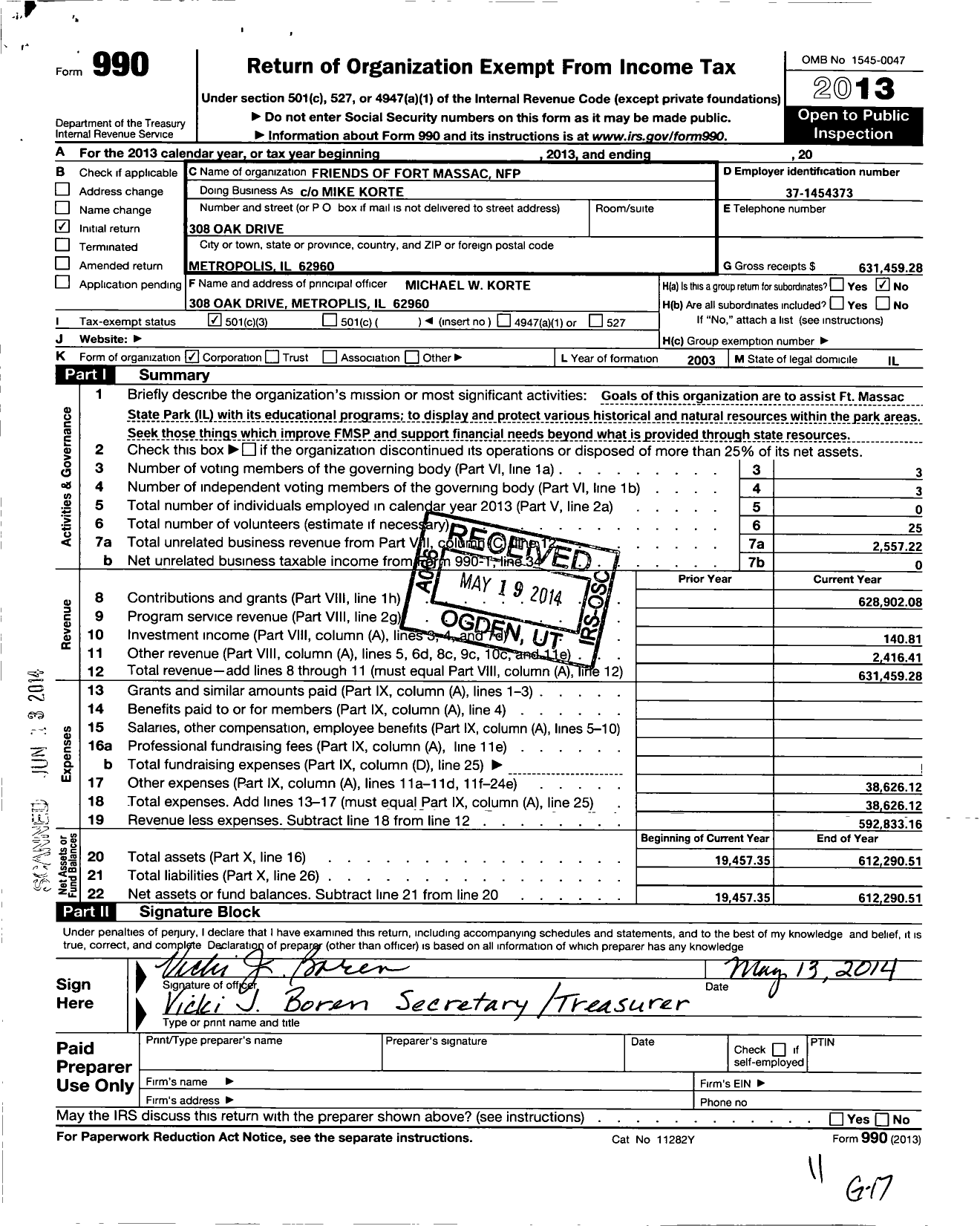 Image of first page of 2013 Form 990 for Friends of Fort Massac NFP