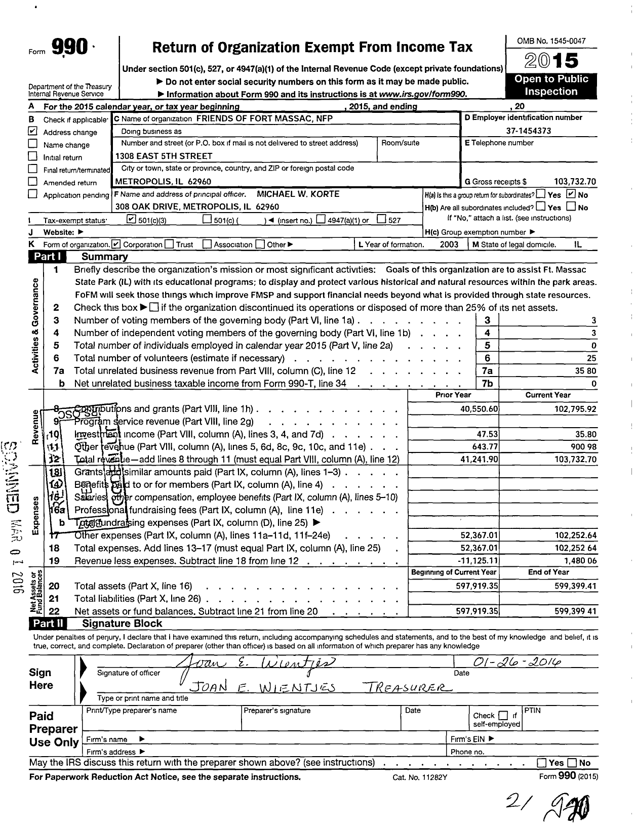 Image of first page of 2015 Form 990 for Friends of Fort Massac NFP