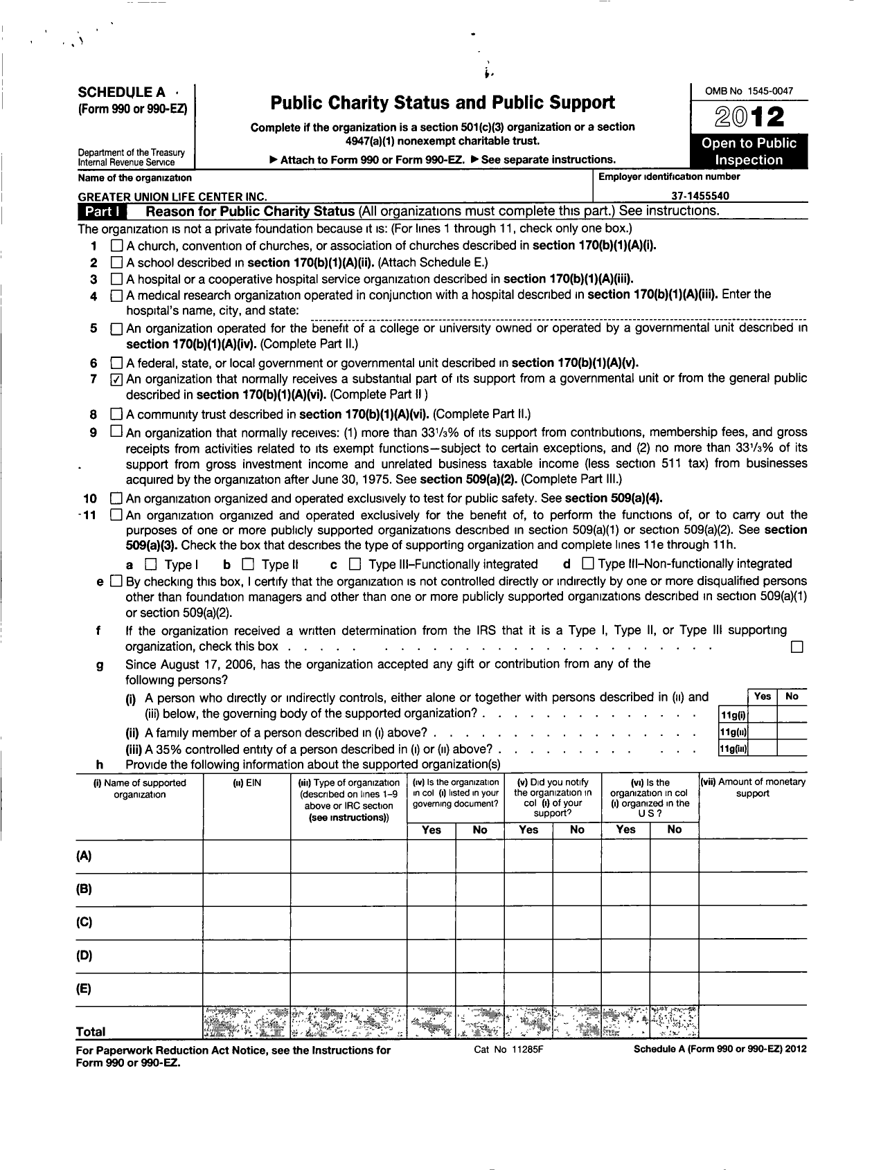 Image of first page of 2012 Form 990ER for Greater Union Life Center