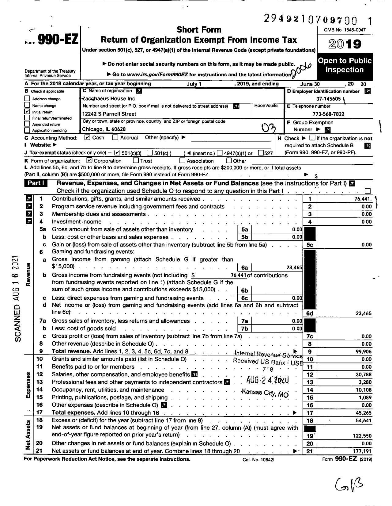 Image of first page of 2019 Form 990EZ for Zacchaeus House