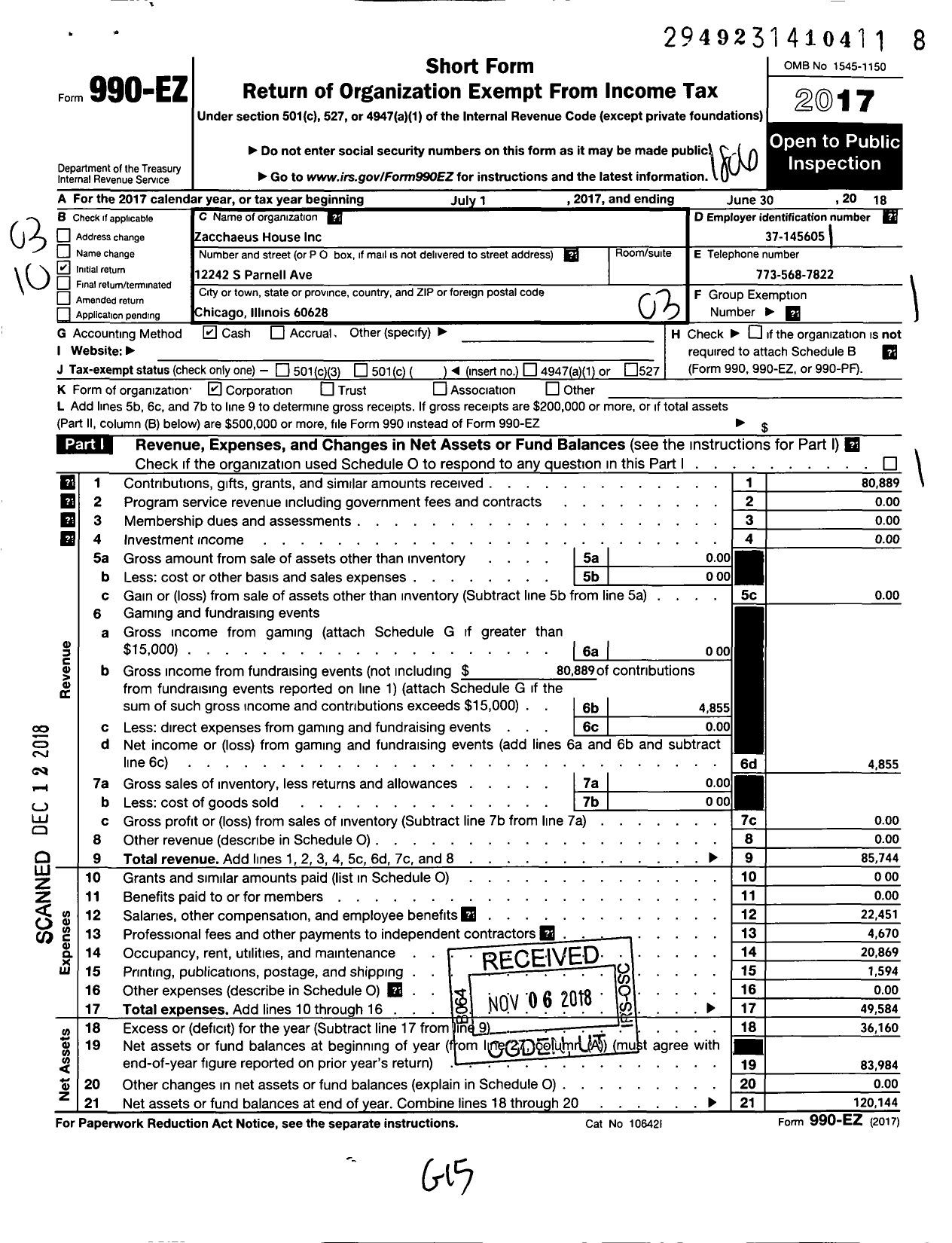 Image of first page of 2017 Form 990EZ for Zacchaeus House