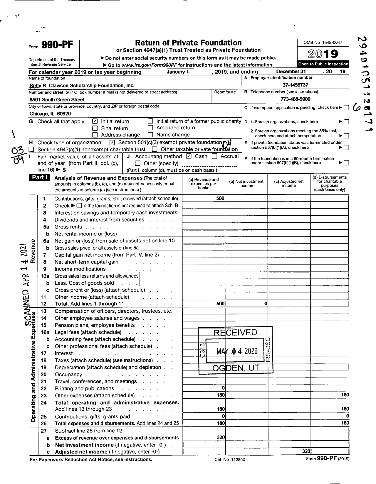 Image of first page of 2019 Form 990PF for Betty R Clawson Scholarship Foundation