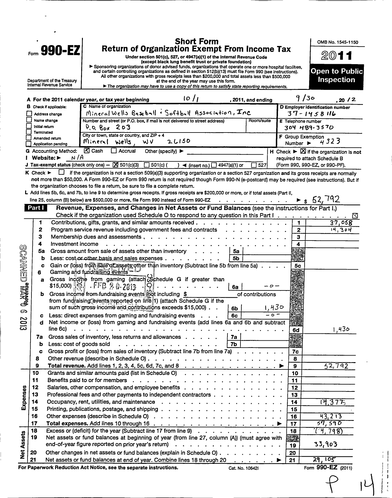 Image of first page of 2011 Form 990EZ for Mineral Wells Baseball and Softball Association