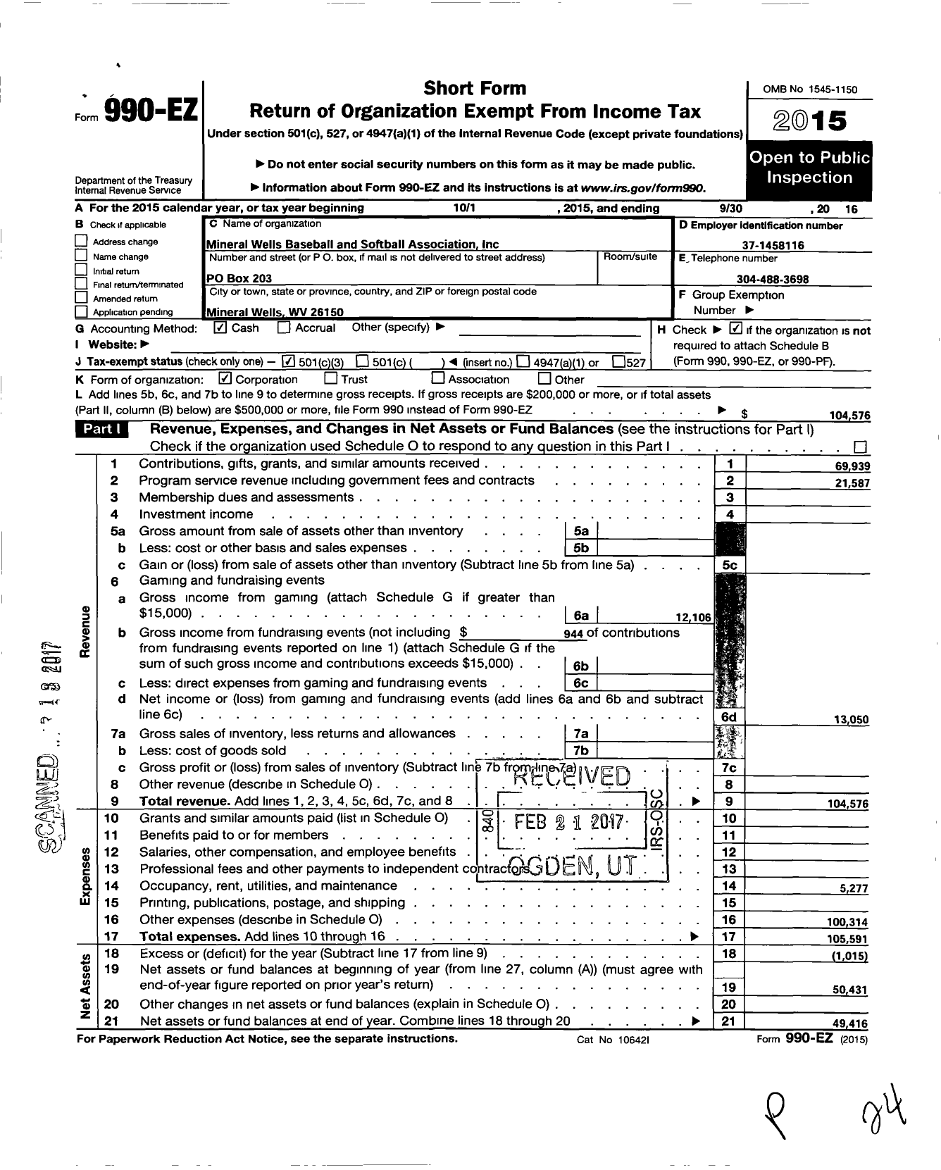 Image of first page of 2015 Form 990EZ for Mineral Wells Baseball and Softball Association