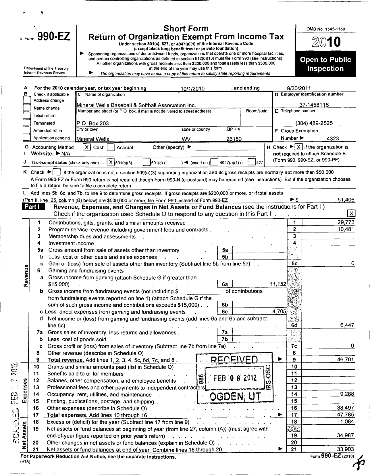 Image of first page of 2010 Form 990EZ for Mineral Wells Baseball and Softball Association