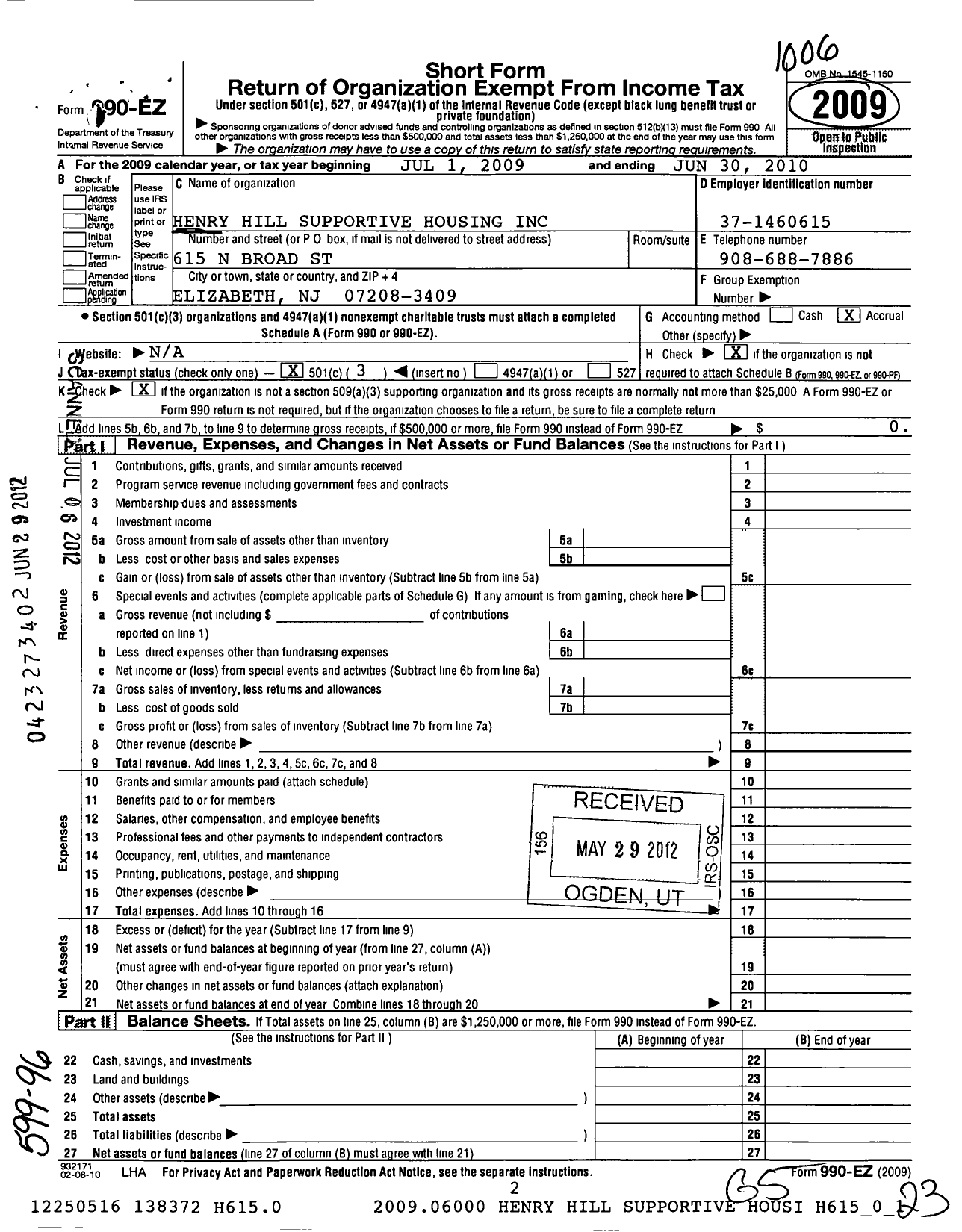 Image of first page of 2009 Form 990EZ for Henry Hill Supportive Housing