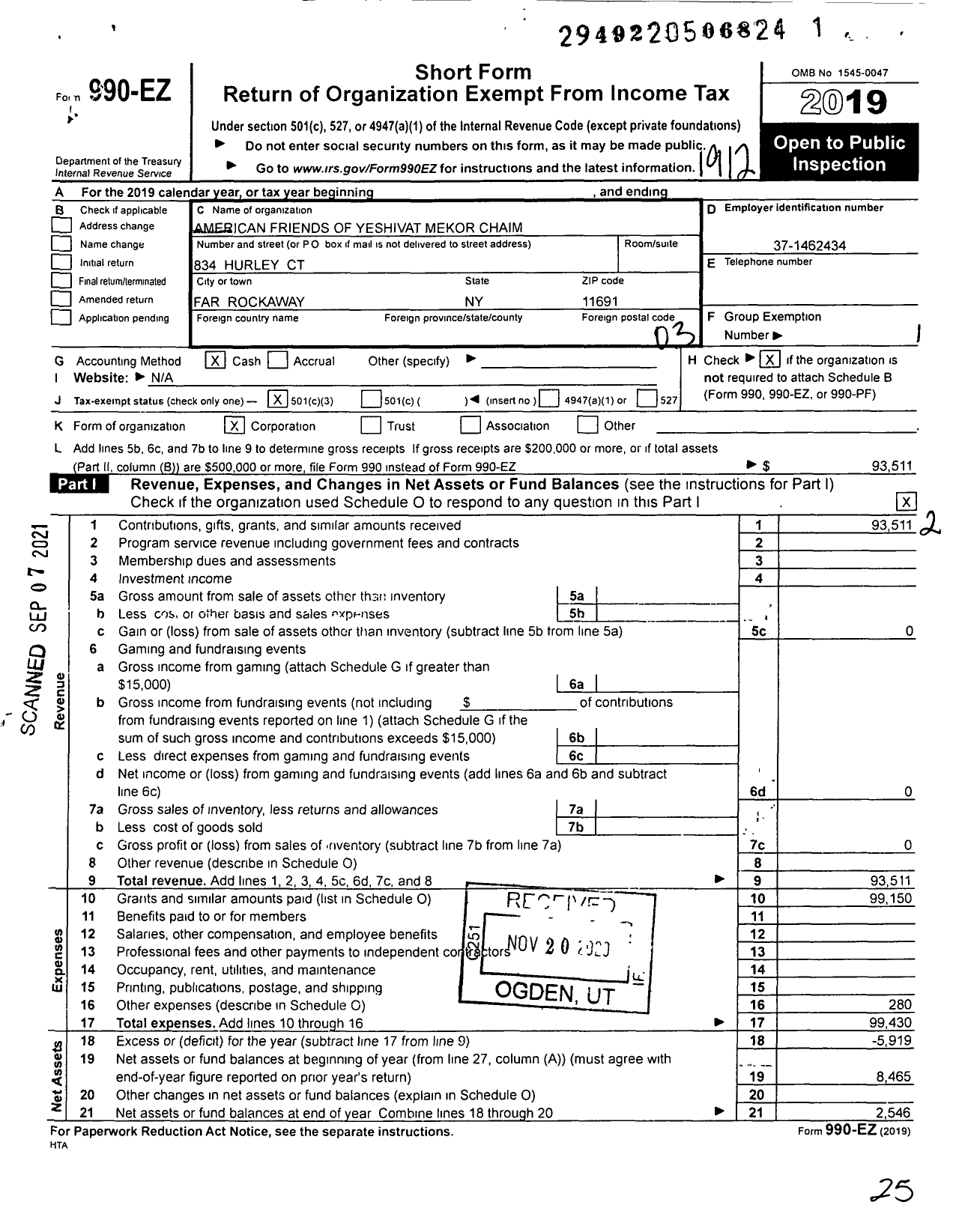 Image of first page of 2019 Form 990EZ for American Friends of Yeshivat Mekor Mekor-Chaim